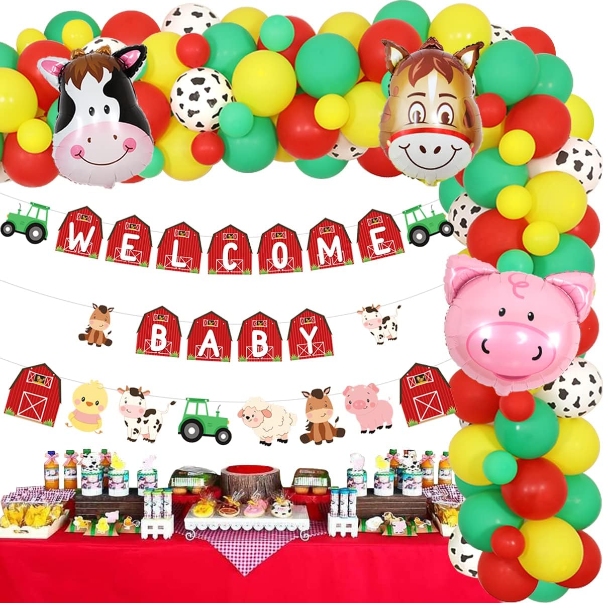 Decoraciones de baby shower de animales de granja para niños y niñas, guirnalda de globos rojos y amarillos, decoración de temática de granja,