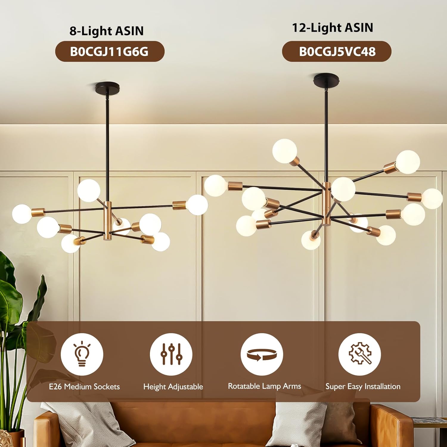 Candelabro Sputnik de 8 luces, lámparas colgantes negras y doradas, moderna lámpara de comedor de granja de latón de mediados de siglo, altura