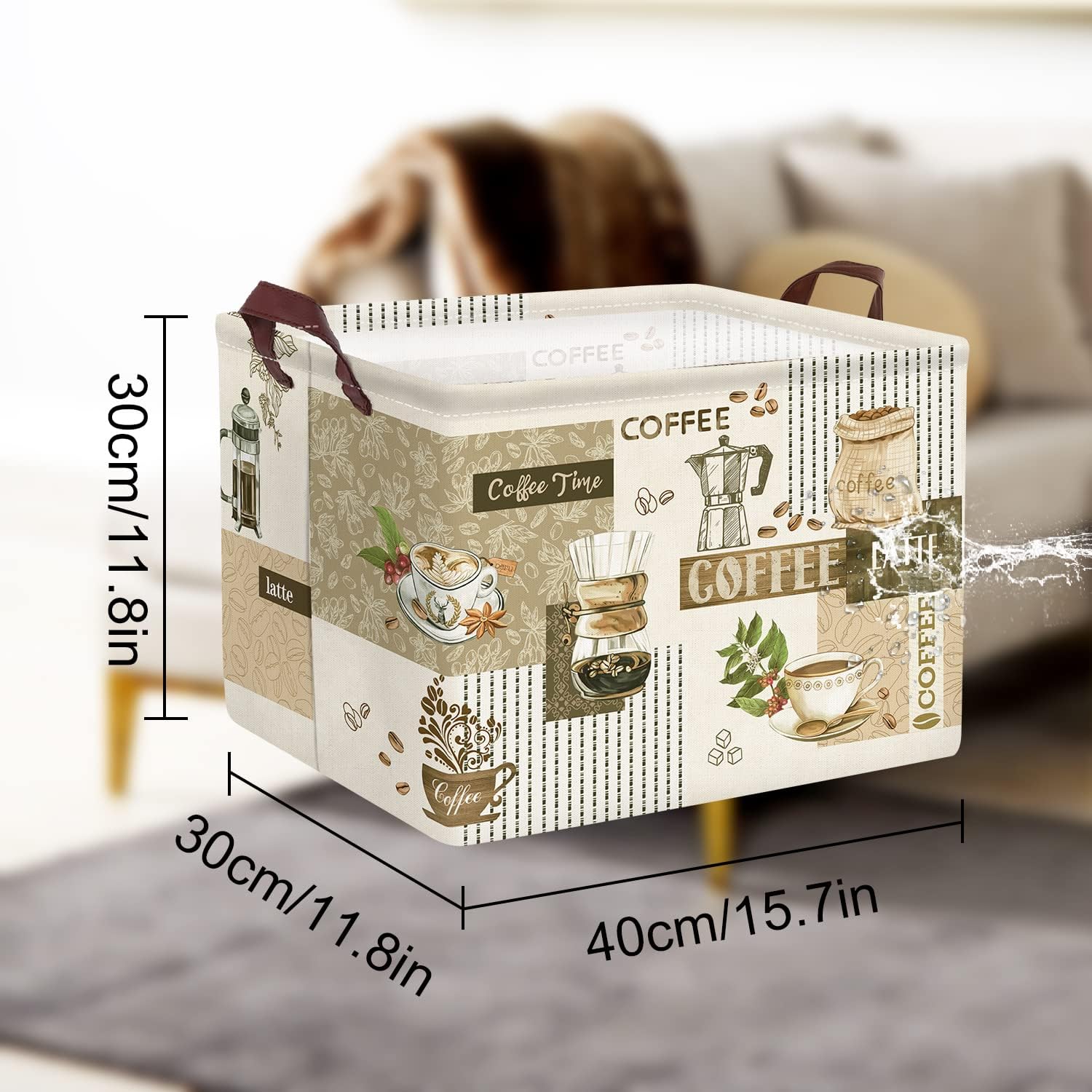 Clastyle Cesta de almacenamiento grande con temática de café, taza de granos de café, aperitivos, cocina, cesta rectangular marrón para ropa, libro