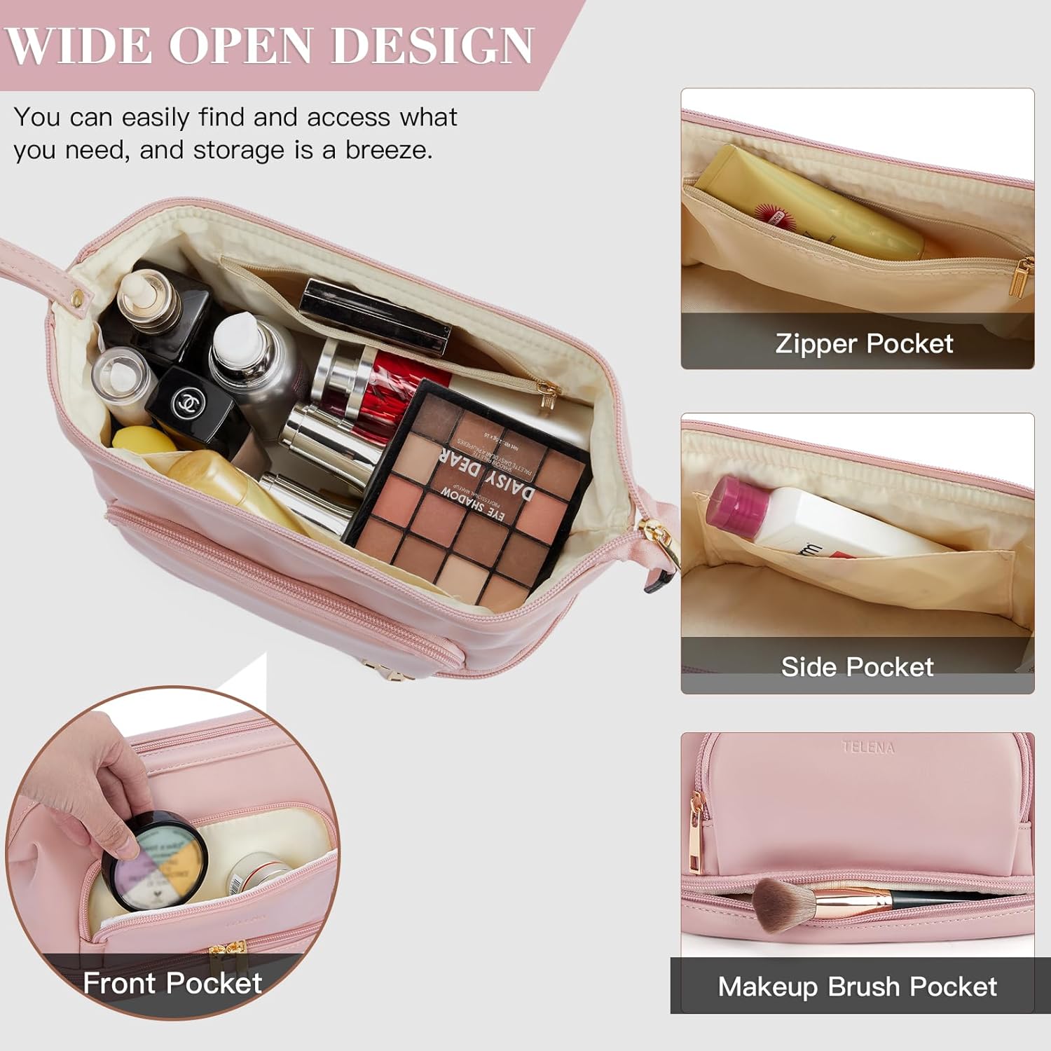 Telena Bolsa de maquillaje de gran capacidad, bolsas de cosméticos de viaje de doble capa, bolsa de maquillaje portátil de cuero para mujeres