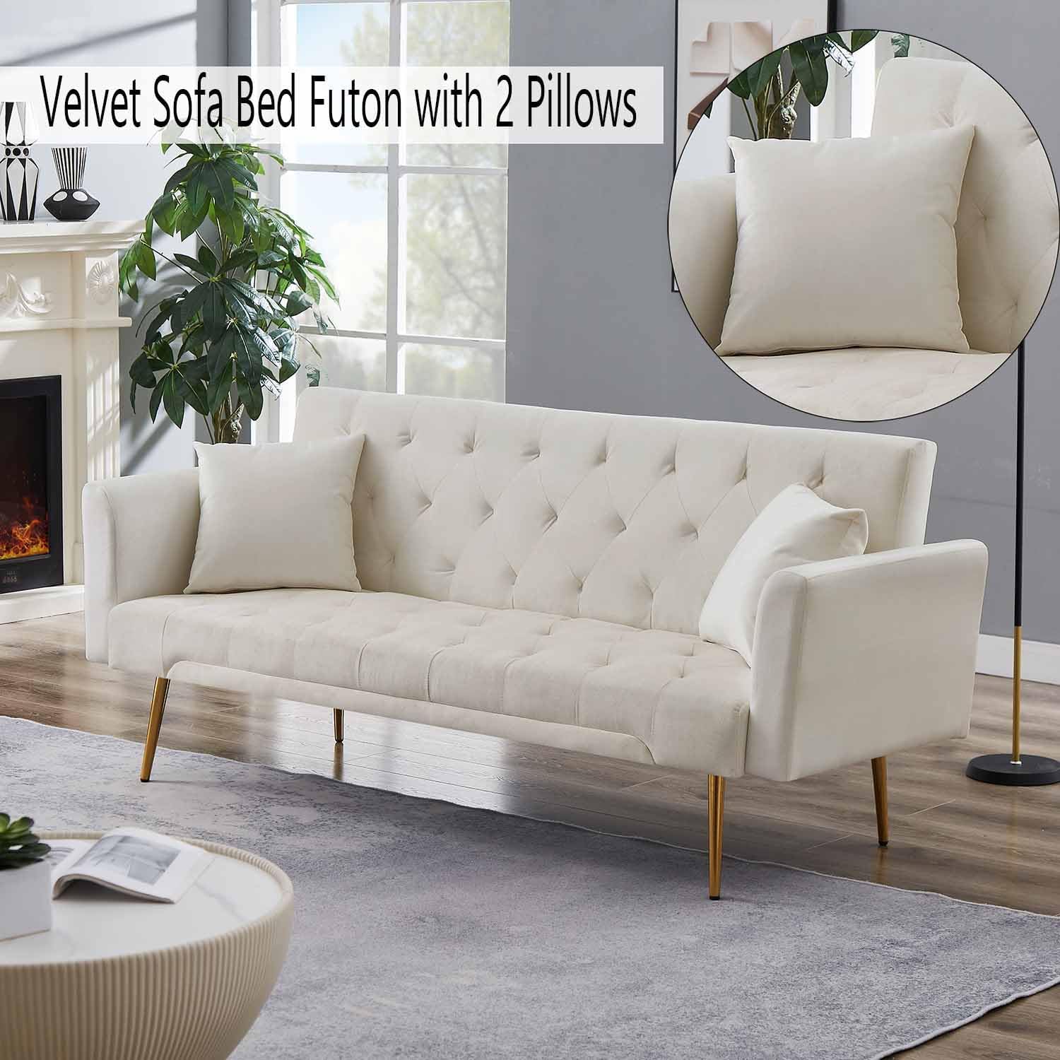 Sofá cama futón de terciopelo con 2 almohadas, moderno sofá cama convertible reclinable, plegable tapizado, 3 ángulos ajustables, asiento de espuma