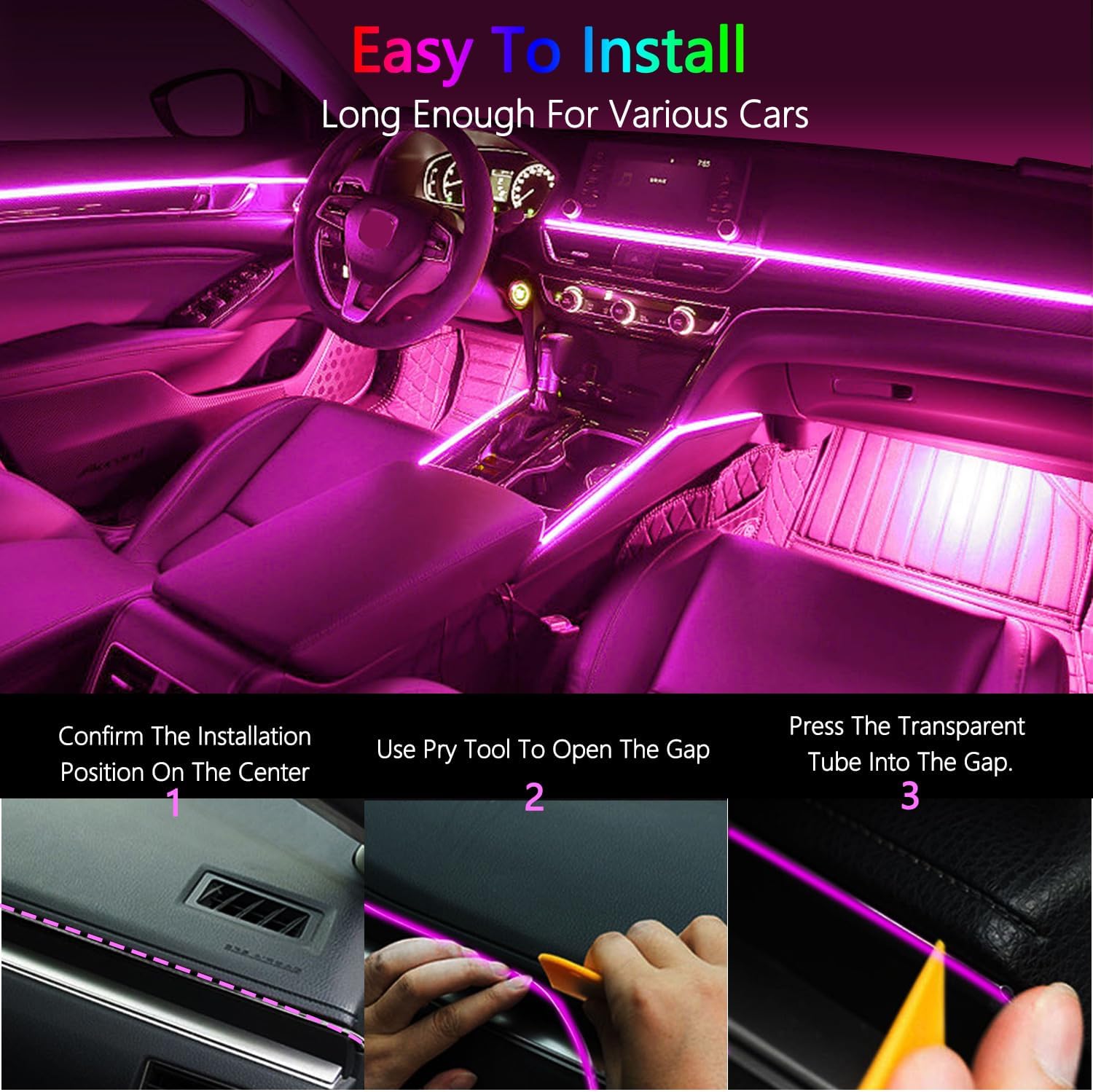 Tira de luces LED para interiores de automóvil, fibra óptica, RGB multicolor, 2 en 1, kit de iluminación ambiental 2 en 1, luces de neón para