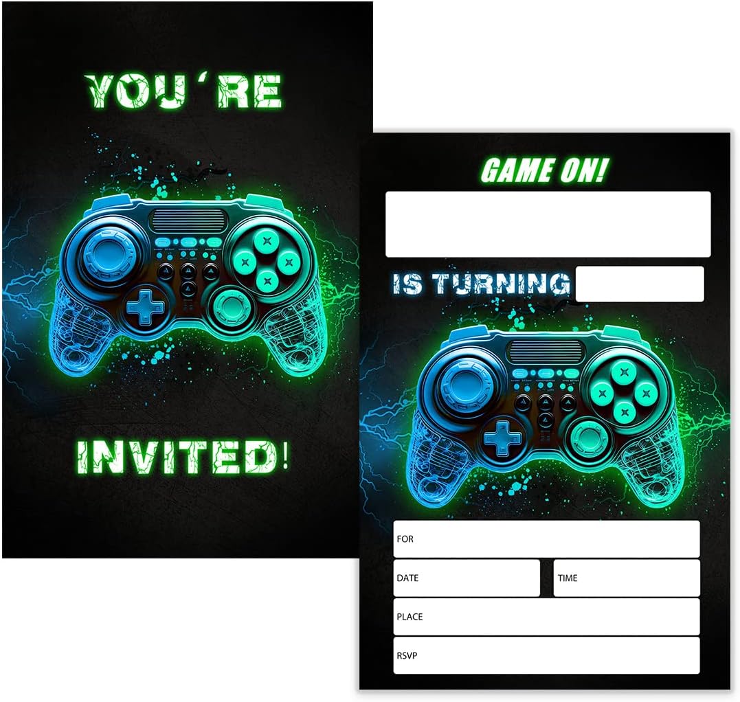 Invitación de fiesta de cumpleaños de videojuegos, invitación de cumpleaños para niños y niñas, invitación verde y azul brillante, juegos, fiesta de