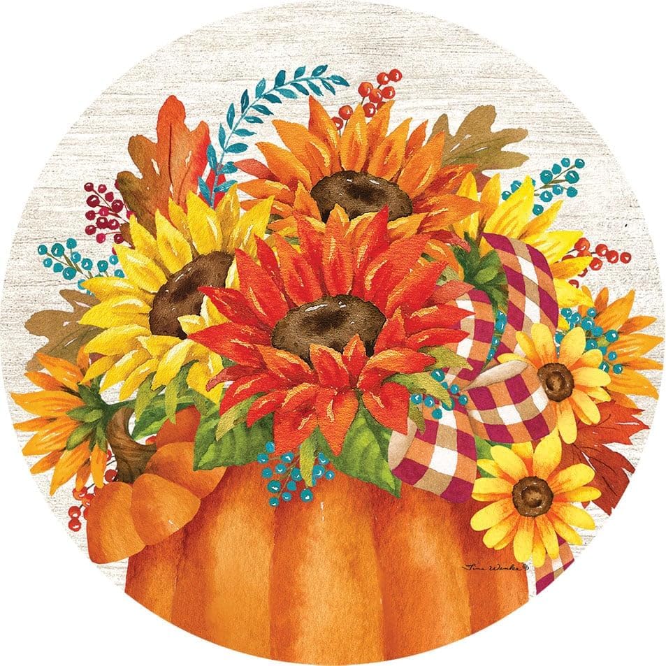 Girasoles de calabaza – Imán decorativo de seis (6) pulgadas de diámetro fabricado en los Estados Unidos. Copyright, Marca registrada por Custom