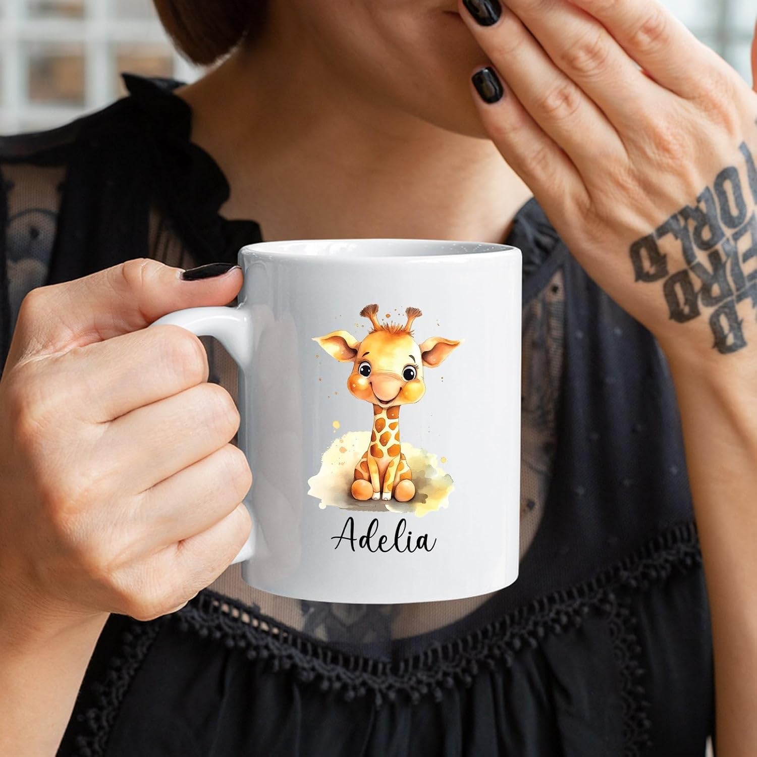Taza de porcelana con diseño de jirafa con diseño de jirafa, regalo para hijas, niños, taza de cerámica con texto en inglés Just A Girl Who Loves