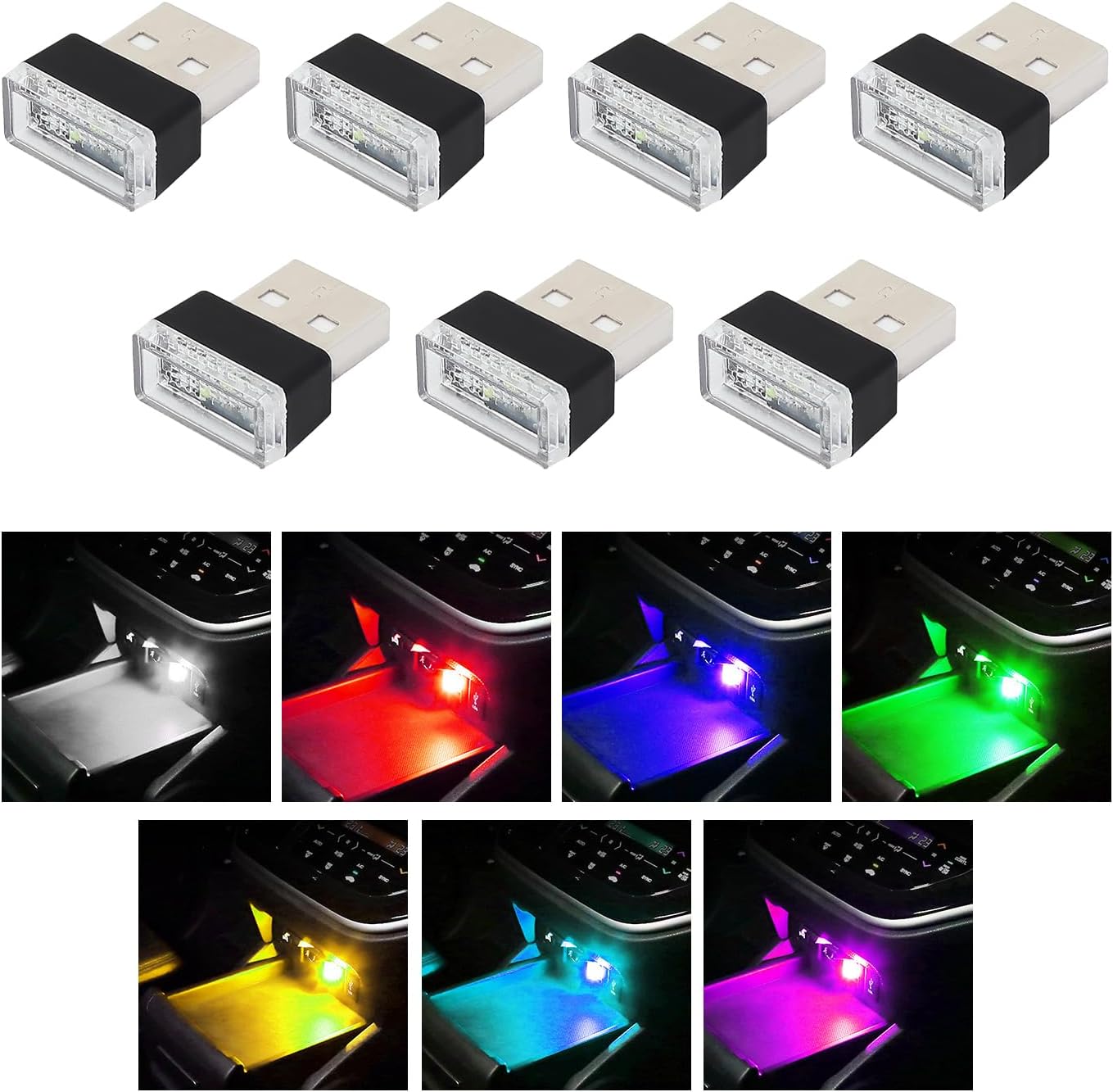 7 lámparas LED USB para el interior del automóvil, luz nocturna de decoración USB enchufable, kit de iluminación ambiental portátil, accesorios
