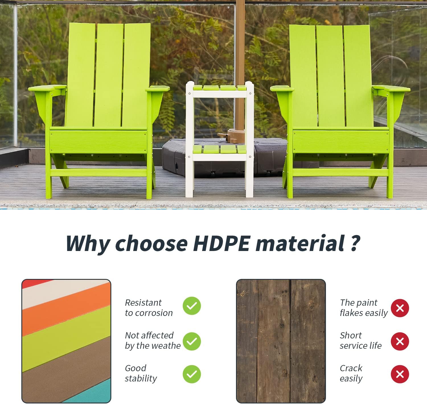 Silla Adirondack moderna HDPE, silla Adirondack de gran tamaño con respaldo curvo, asiento para hoguera, resistente a la intemperie, textura de