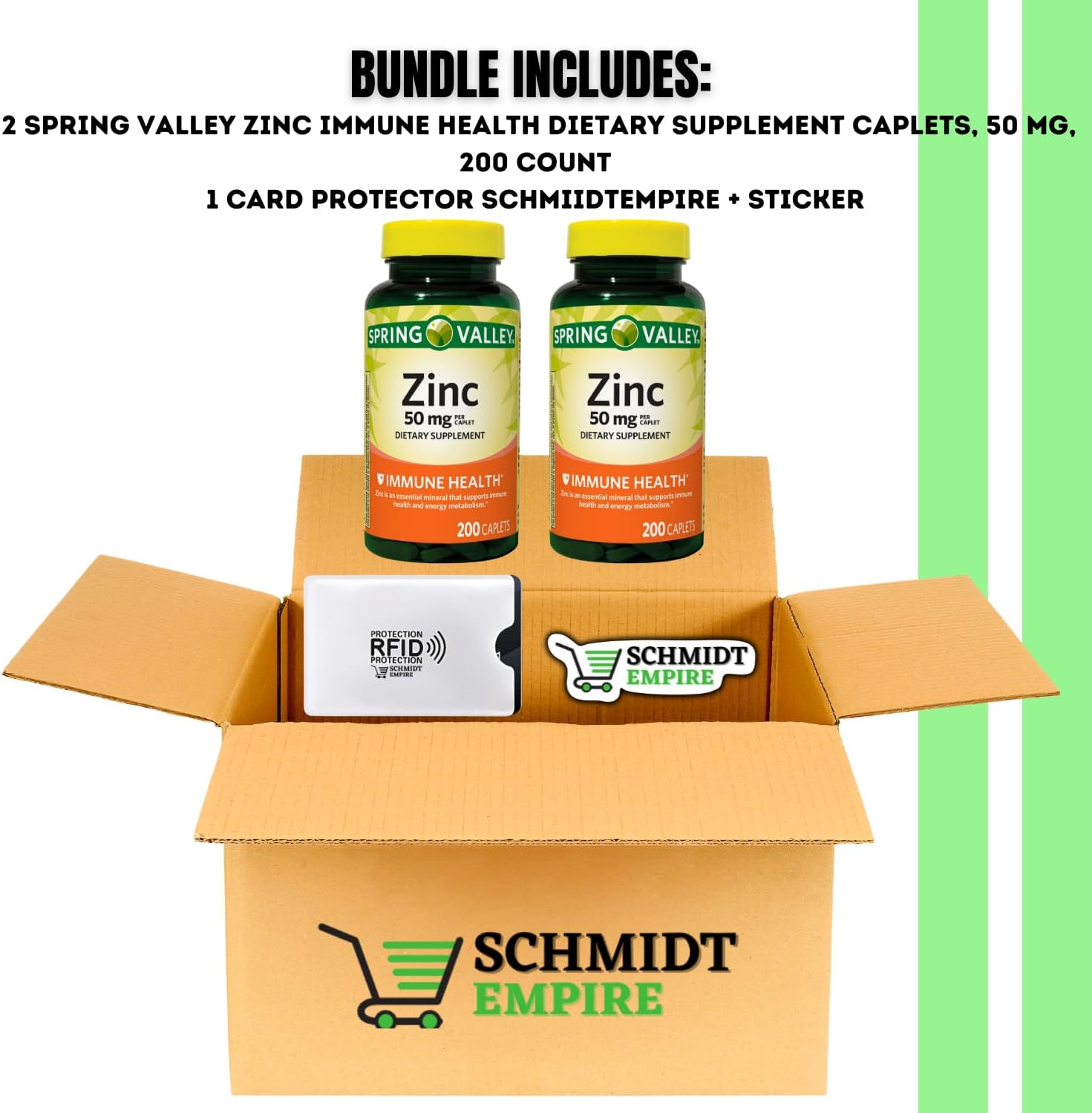 Spring Valley – Cápsulas de suplemento dietético de apoyo inmunológico de zinc, 50 mg, 200 unidades + adhesivo Schmidt Empire (2)