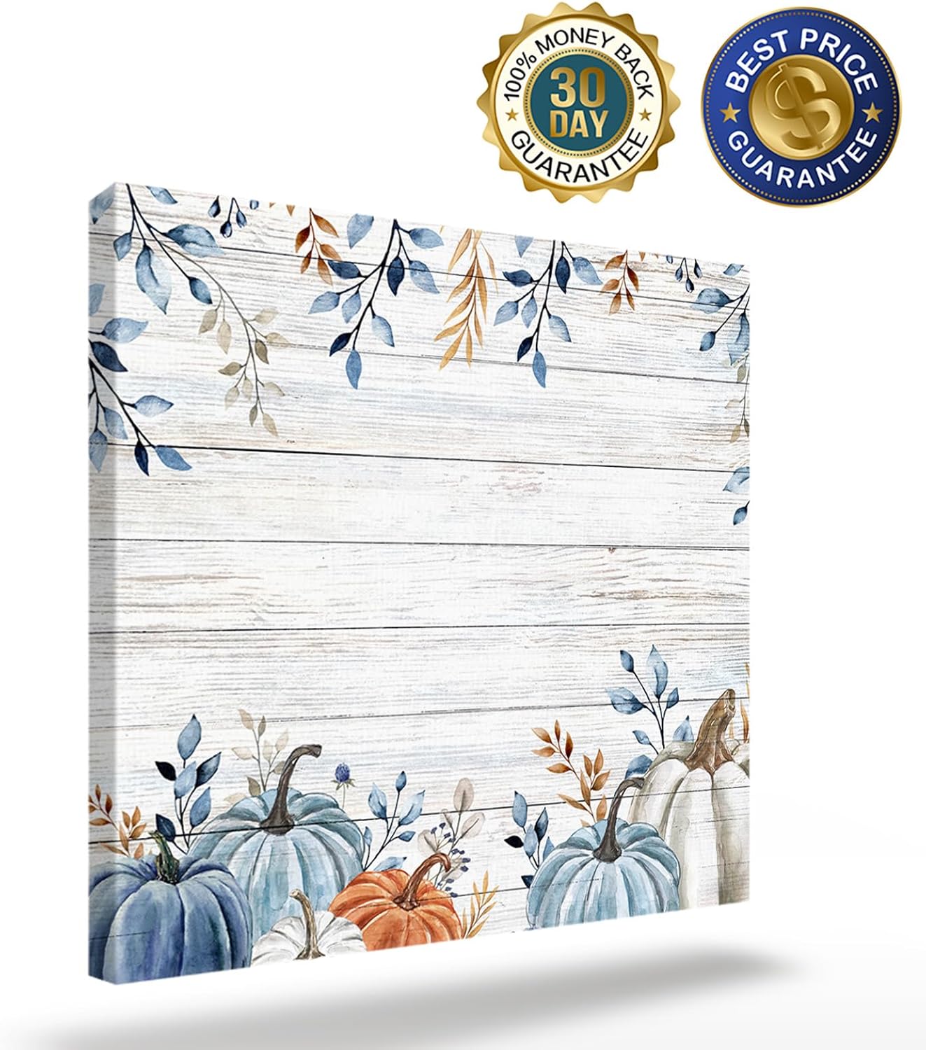 Lienzo decorativo para pared con diseño de calabaza otoñal, diseño de calabazas de color azul, blanco y naranja degradado, grano de madera rústica,