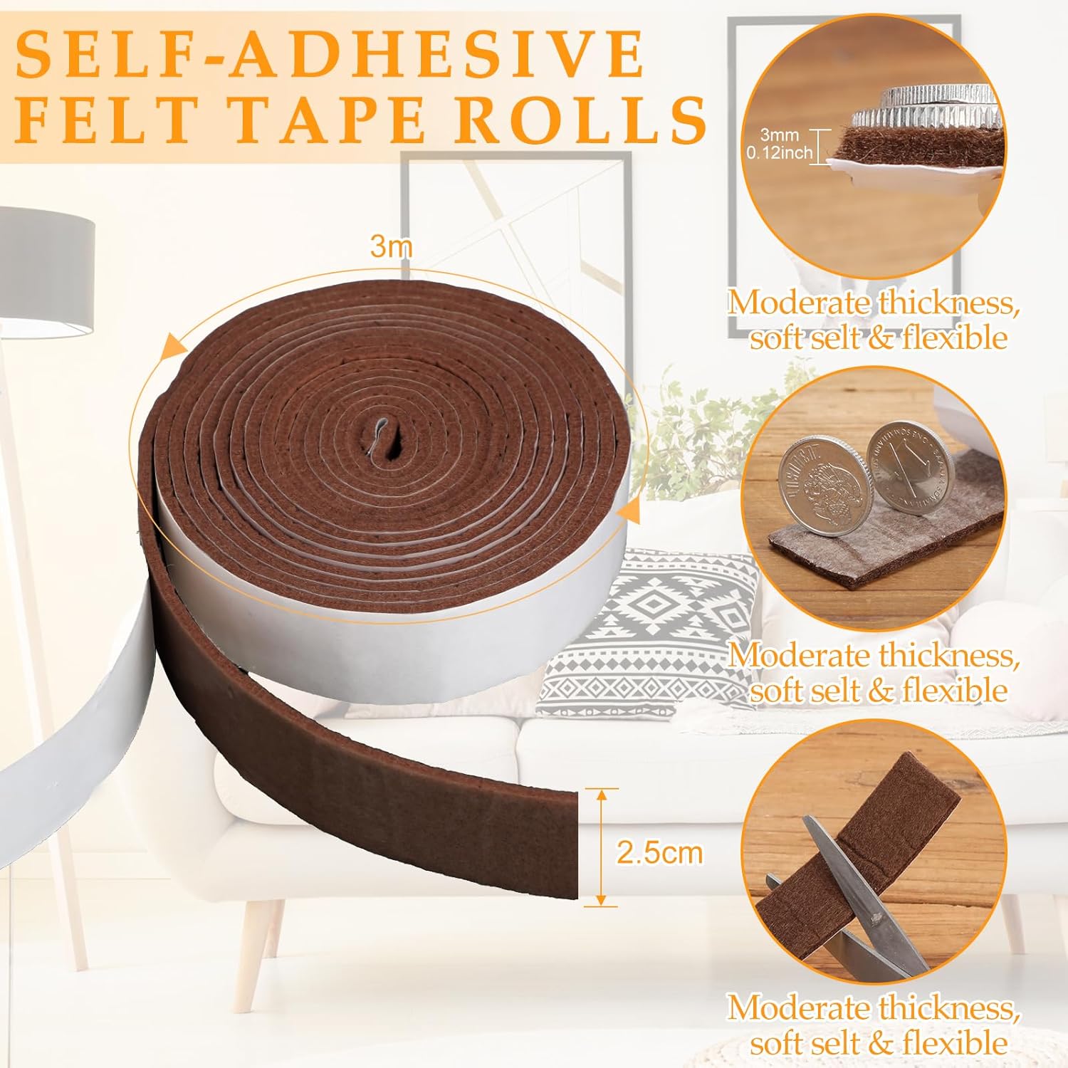 4 rollos de tiras de fieltro de 120 pulgadas con cinta adhesiva de fieltro para muebles, rollos de tiras de fieltro autoadhesivas, poliéster