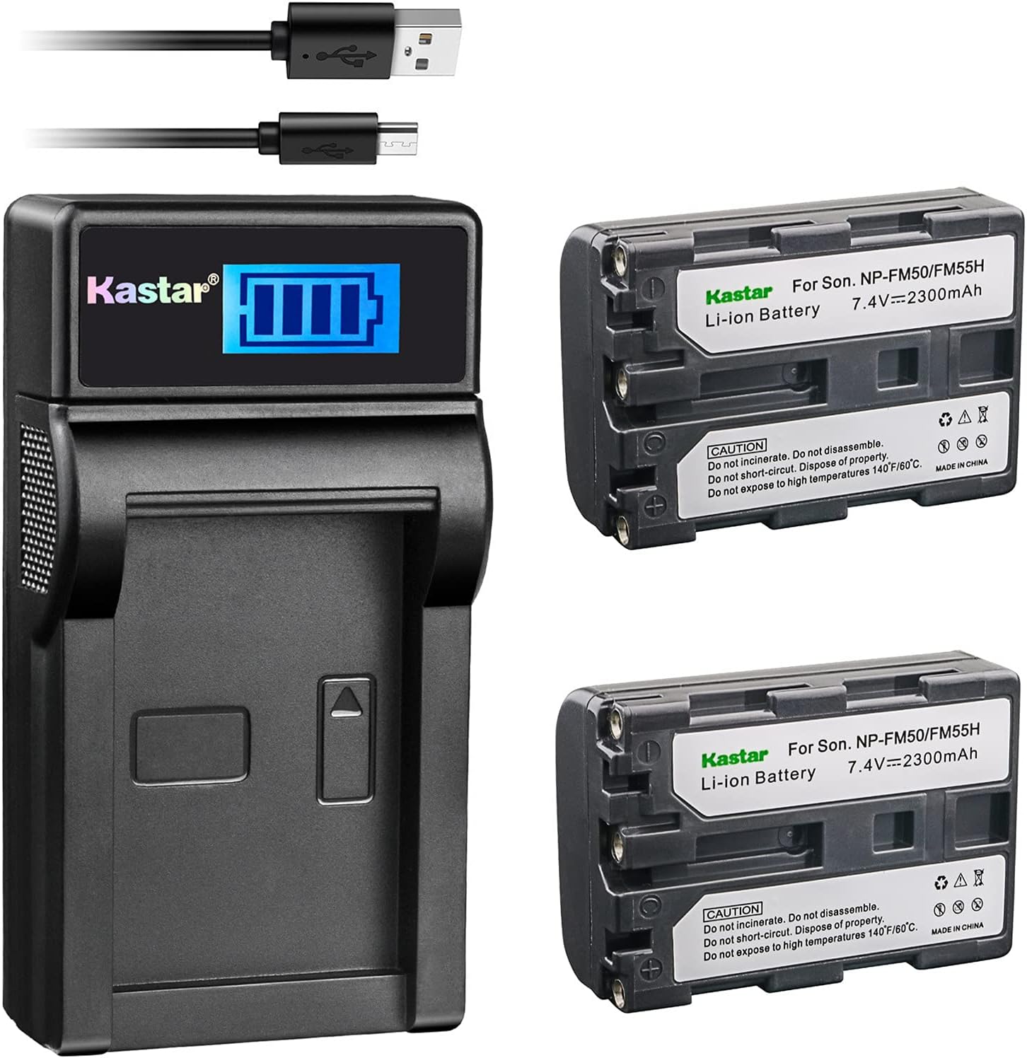 Kastar Batería (X2) y cargador USB delgado LCD para Sony NP-FM50 NP-FM55H y HC1 TRV280 TRV350 TRV250 TRV19 TRV22 TRV27 TRV33 TRV460 TRV140 TRV17