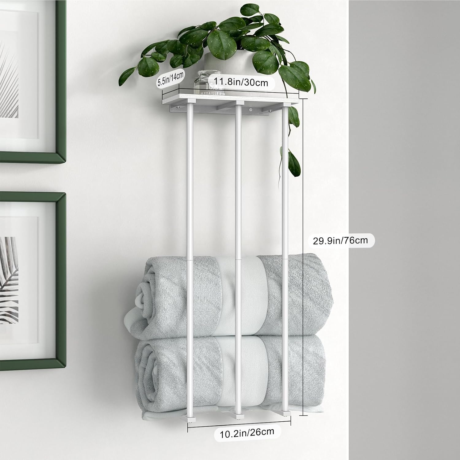 MOOACE – Toallero para baño montado en la pared, 3 barras enrolladas con parte superior de madera y ganchos de pared, organizador de baño de metal
