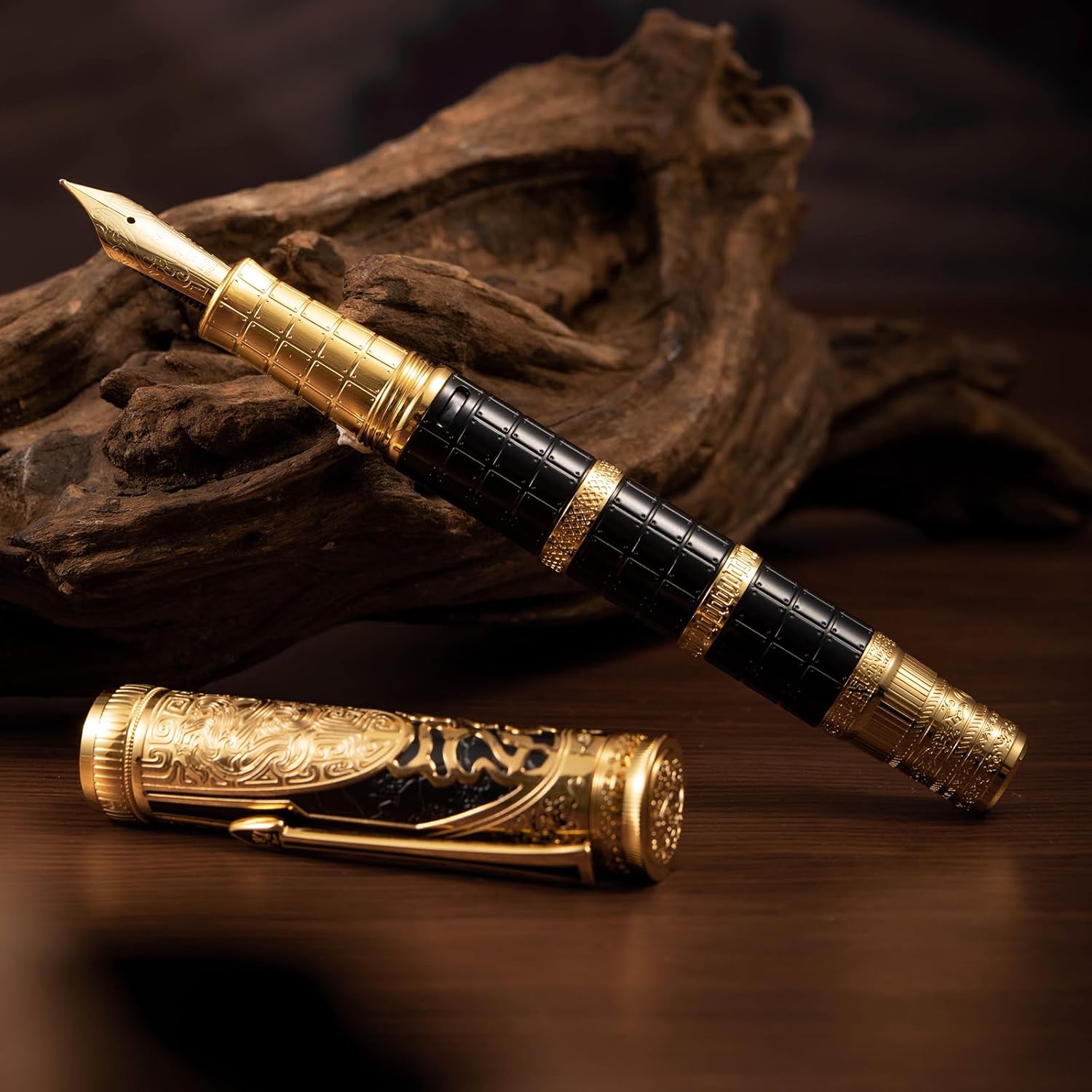 Hongdian D5 Pluma estilográfica Qin Dynasty Series 14K Gold Nib, pluma de lujo de pistón de estilo chino grabada para colección de escritura