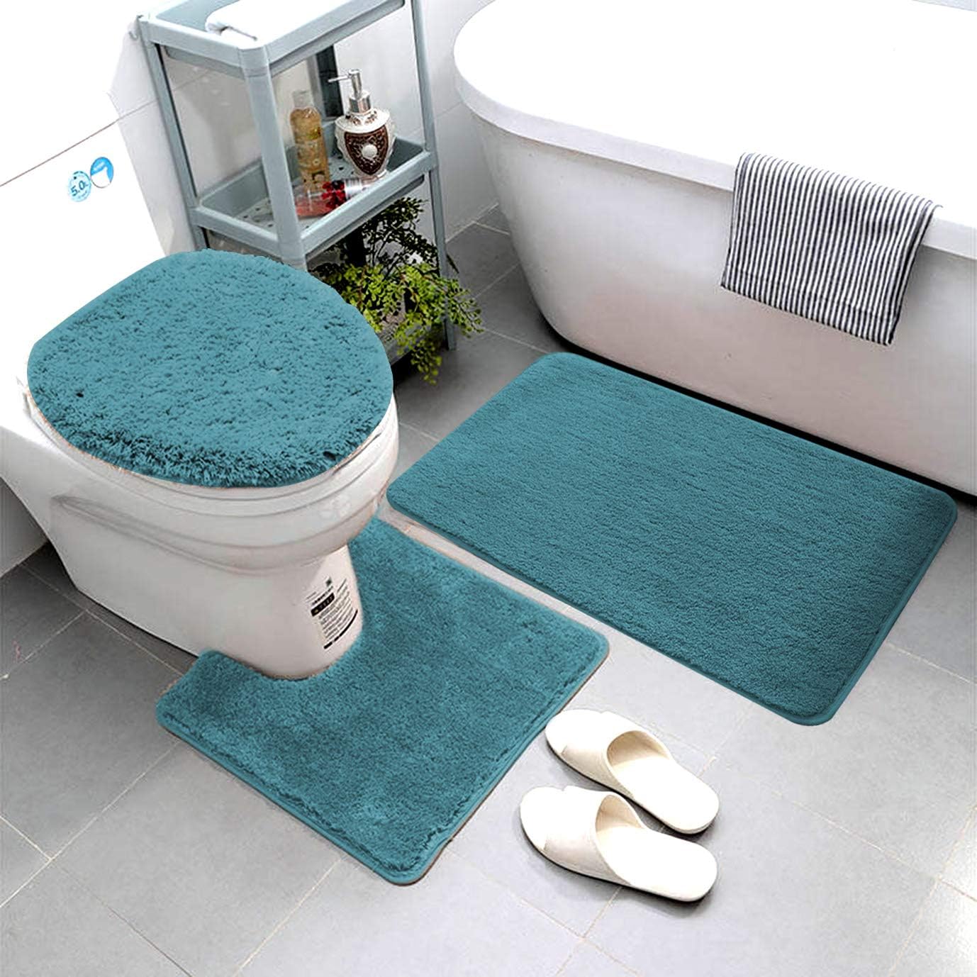 Juego de 3 alfombras de baño de microfibra súper suave, incluye alfombra de baño, alfombra de contorno y cubierta para tapa de inodoro, alfombras de