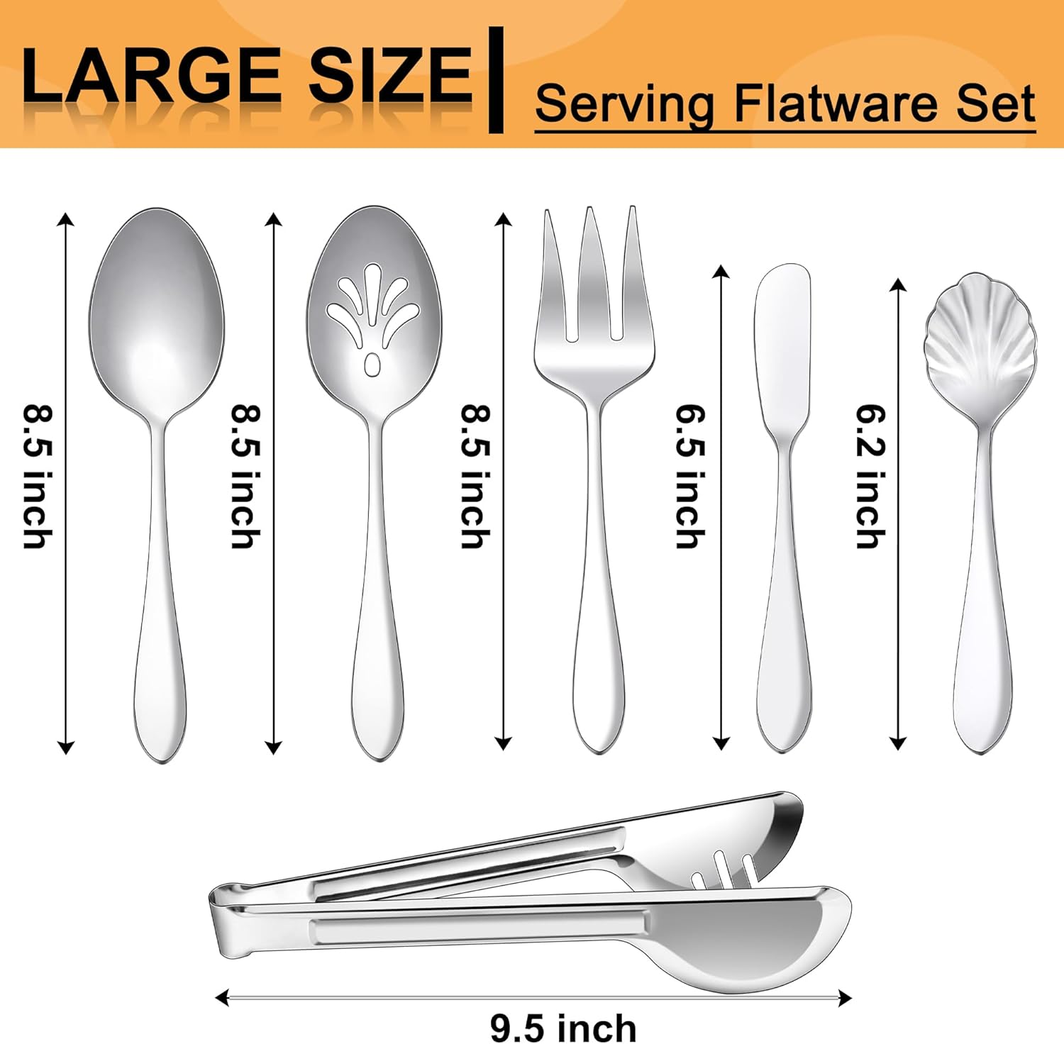 E-far 6 utensilios de servir, cuchara de servir de acero inoxidable, cuchara ranurada, tenedor, pinzas, cuchara de azúcar y cuchillo de mantequilla
