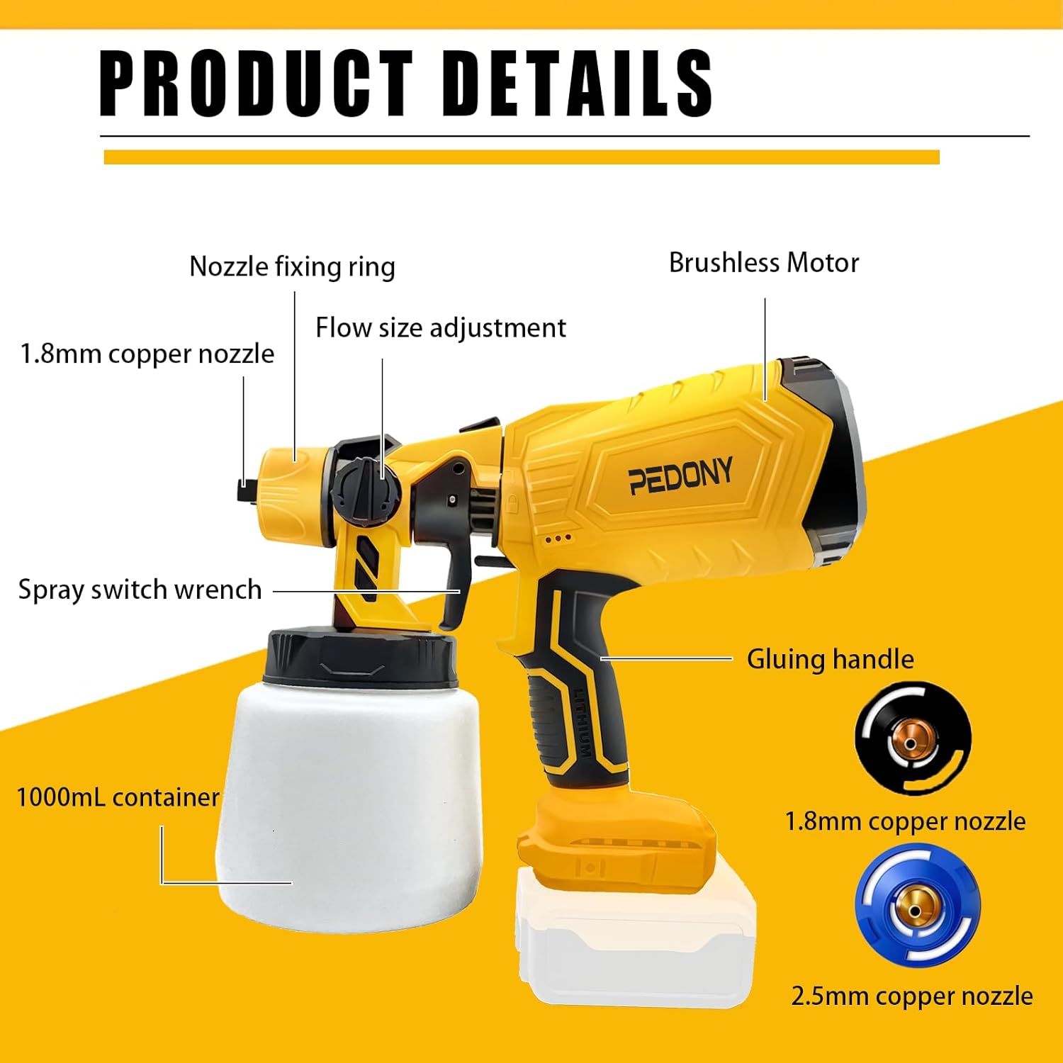 Pulverizador de pintura inalámbrico para batería DeWALT, pistola de pintura en aerosol HVLP con motor sin escobillas, 2 boquillas y 3 patrones,