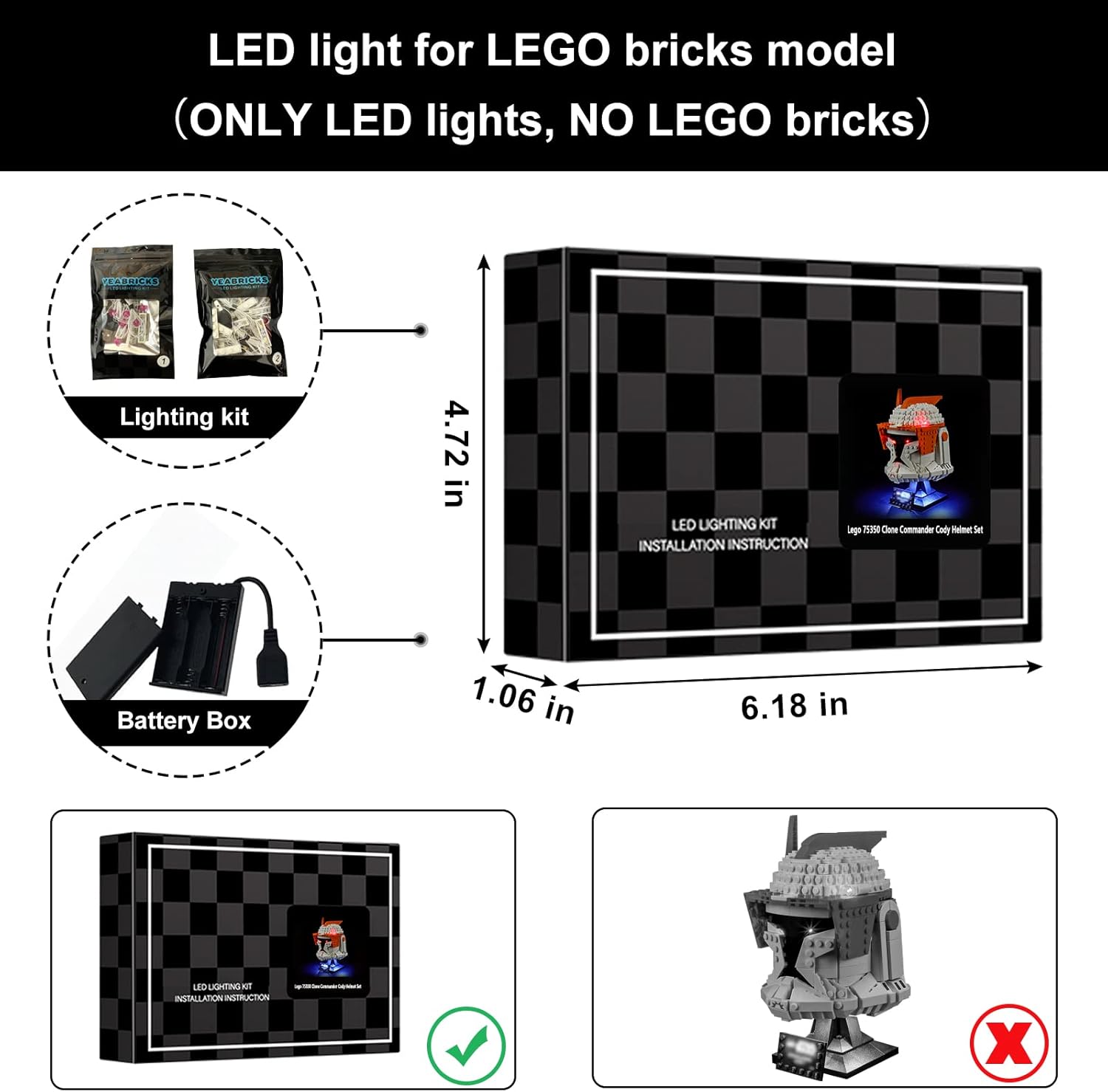 Vaodest Luz LED para Lego Clone Commander Cody Helmet 75350 Juego de modelos de bloques de construcción, diseño y configuración compatible con el