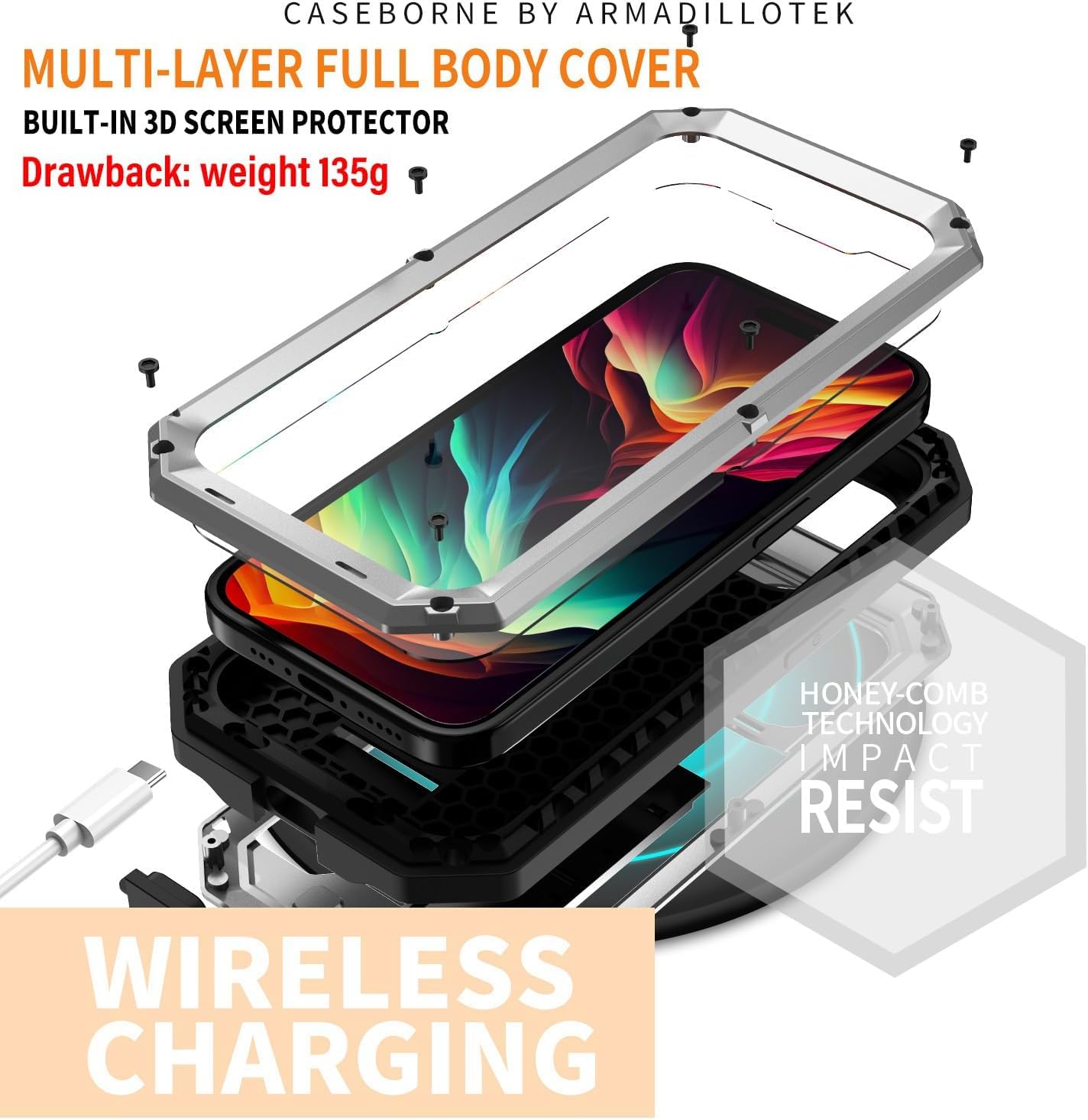 Funda de teléfono para iPhone 15 Pro Max con protector de pantalla de grado militar, cubierta de cuerpo completo, soporte de parachoques de metal,