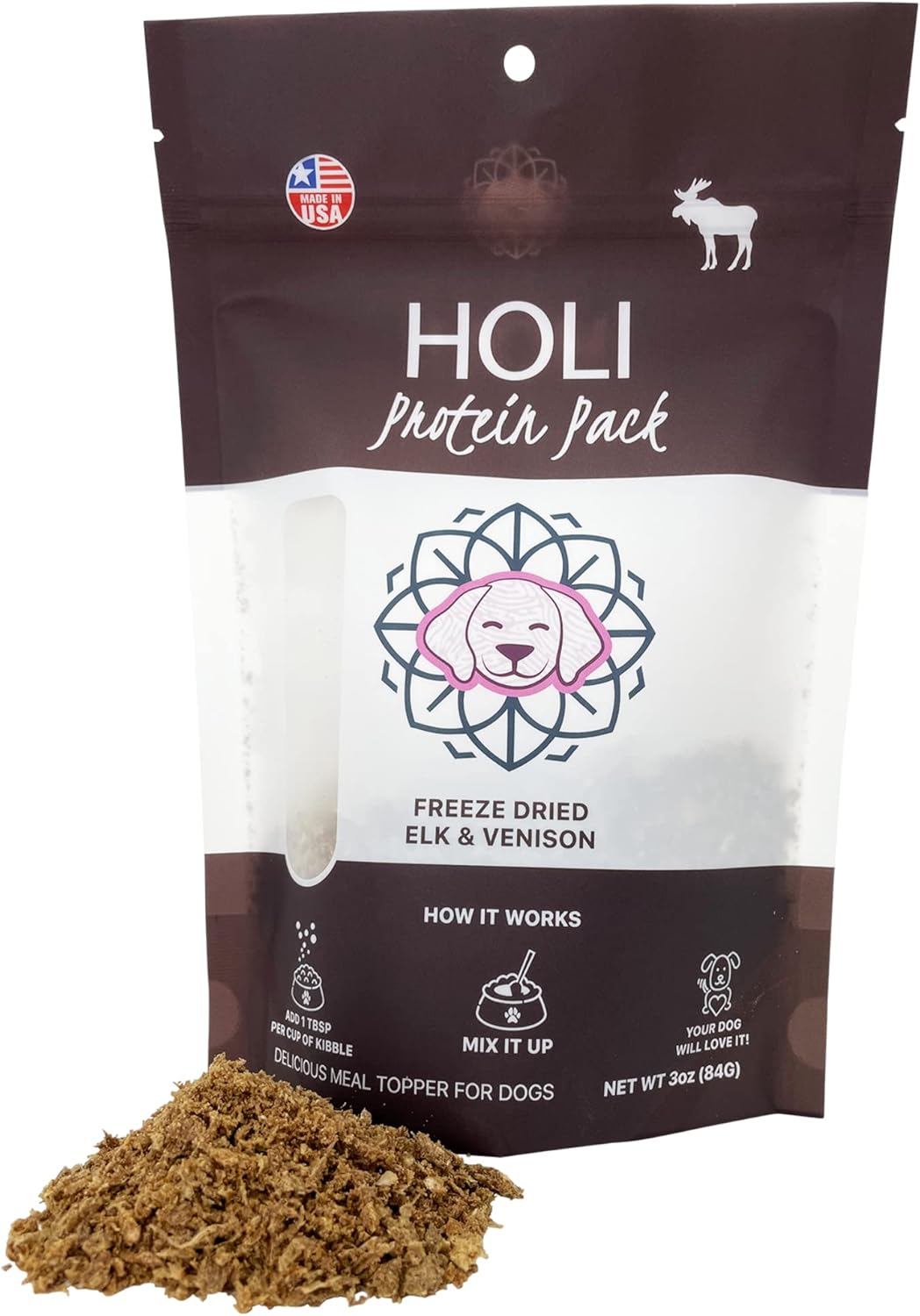 HOLI Alimento para perros liofilizado con alce y venado  96% de carne, capturado en la naturaleza, potenciador del sabor de la comida para perros