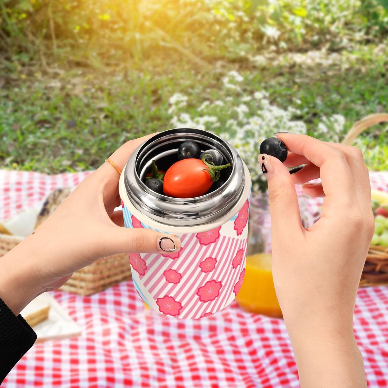 Pink Flowers Strip Boho Kids Womens Insulated Food Jar Container with Spoon 17oz500ml Soup Containers With Lids Stainless Steel Vacuum Keep Warm