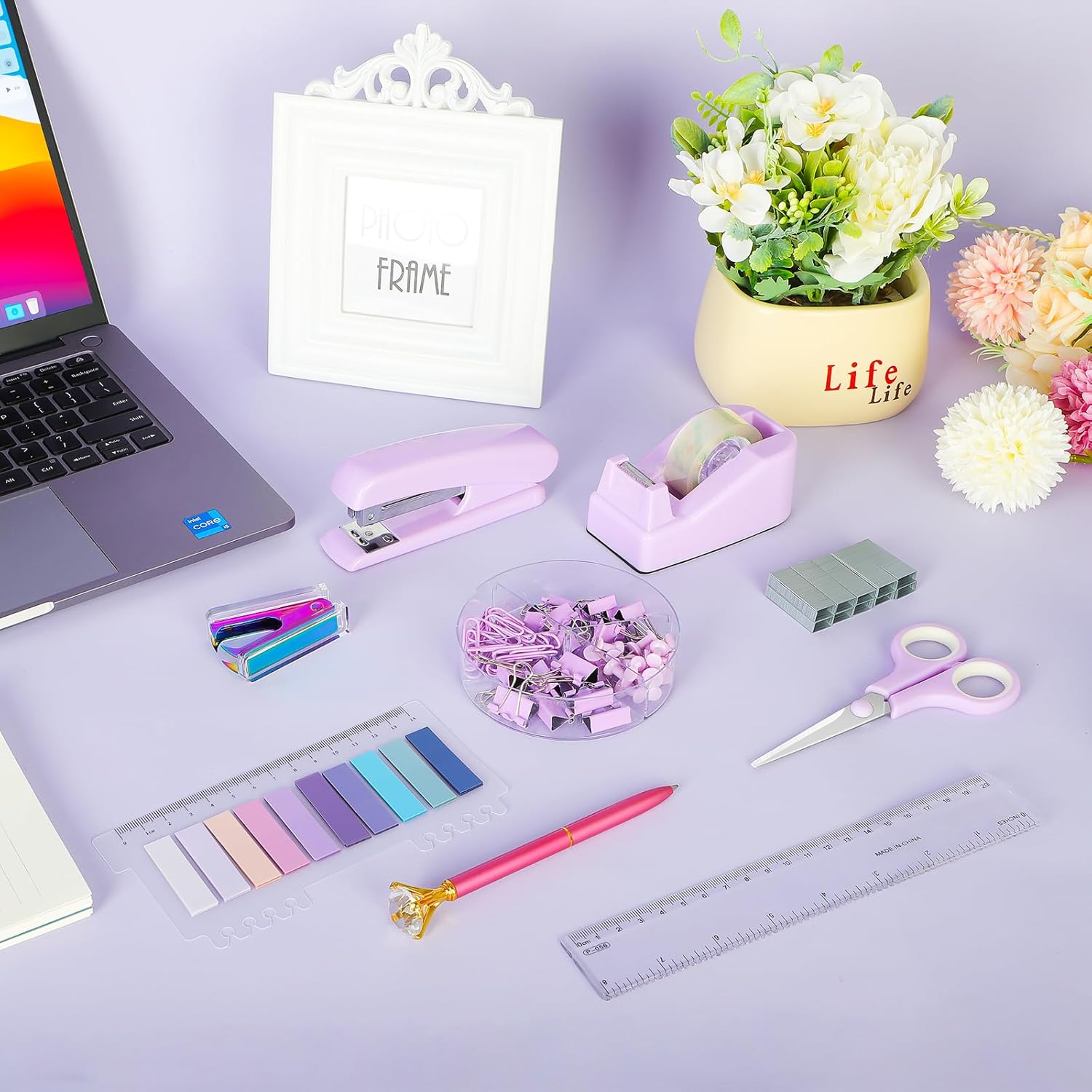 Juego de accesorios de escritorio de color morado, grapadora de lavanda y dispensador de cinta para mujeres, empleados de oficina, escuela,