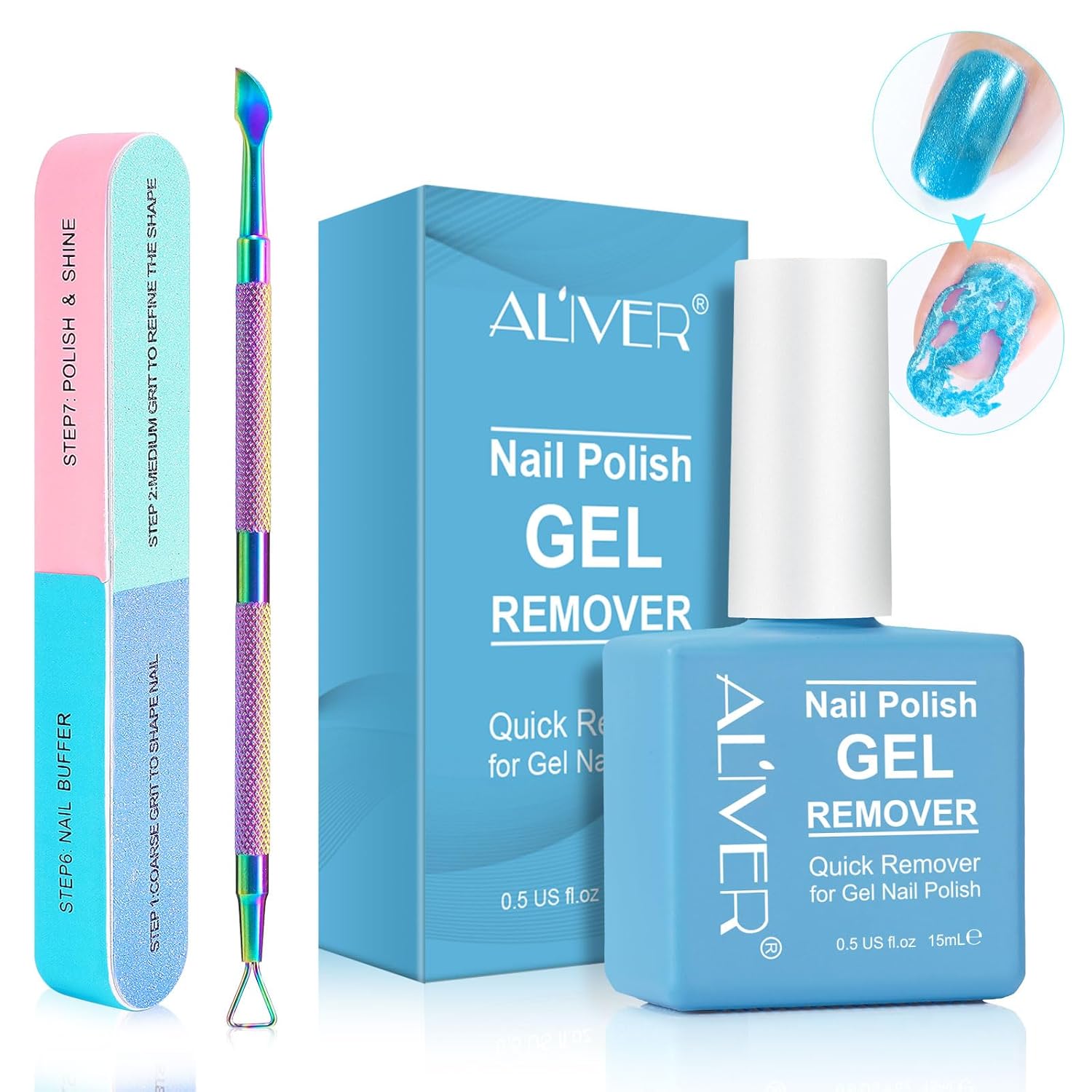 Removedor de esmalte de uñas de gel de 0.5 onzas líquidas con lima de uñas y raspador de esmalte de uñas, removedor de esmalte de gel profesional