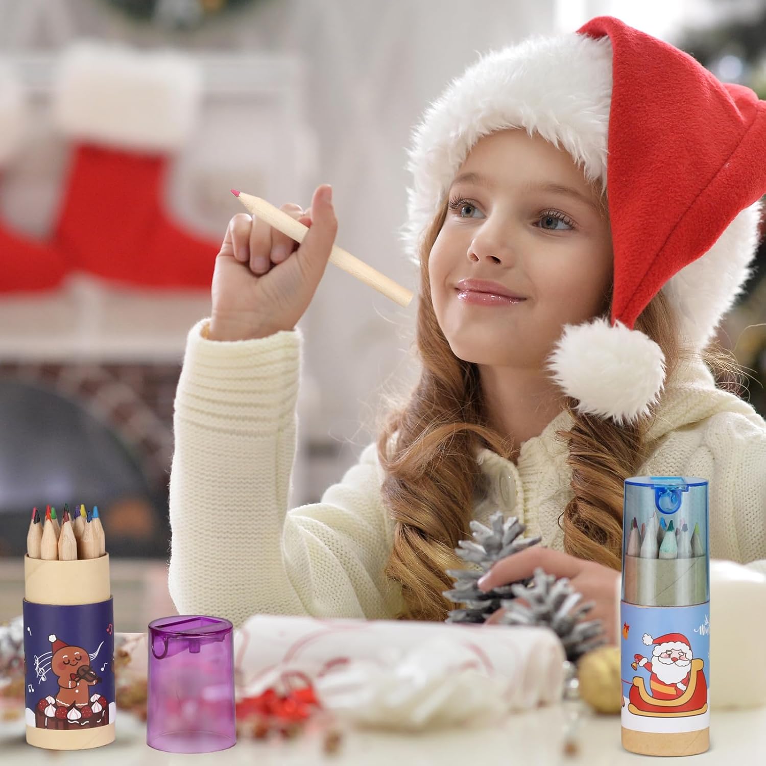 Fumete Paquete de 32 mini lápices de colores de Navidad a granel con sacapuntas en tubo de dibujo, lápices de colores para niños, lápices de