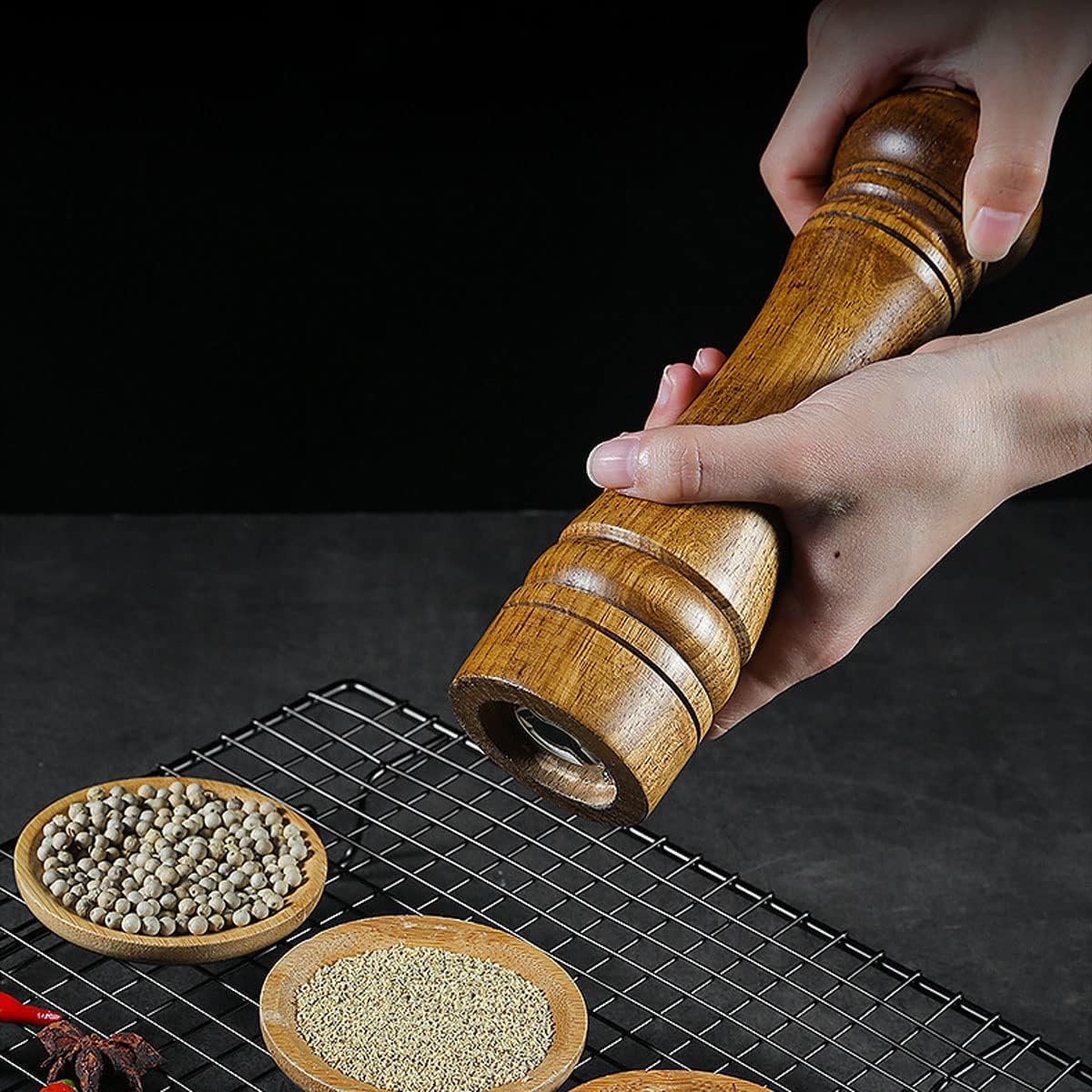 BINHAI Molinillo de pimienta de madera, molinillo de pimienta, molinillos manuales sólidos con molinillos de cerámica ajustables fuertes, juego de 8