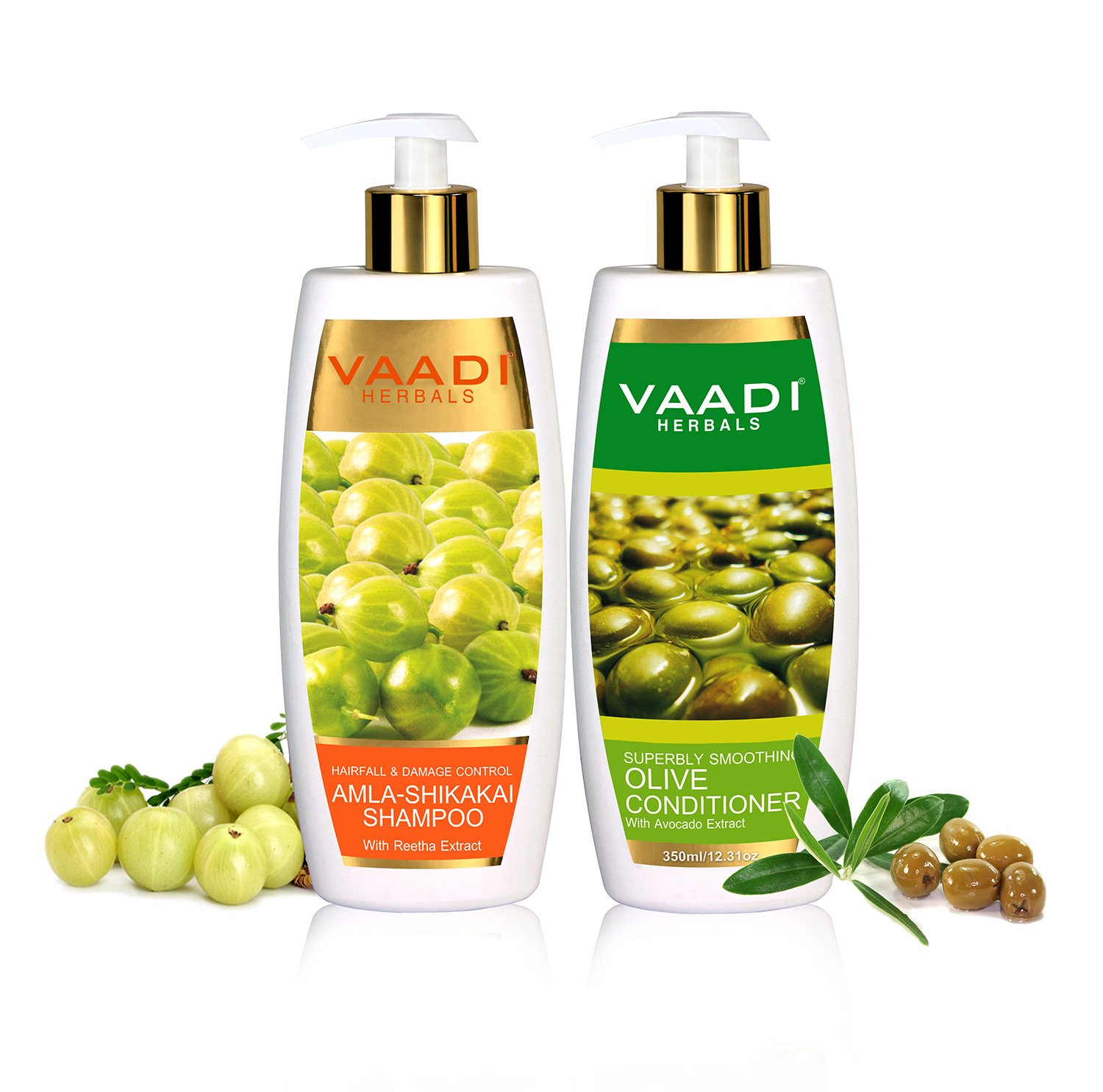 Vaadi Herbals Amla With Shikakai & Reetha Champú y acondicionador de oliva – Champú para el control de caídas y daños – Cada paquete de 11.8 fl oz –