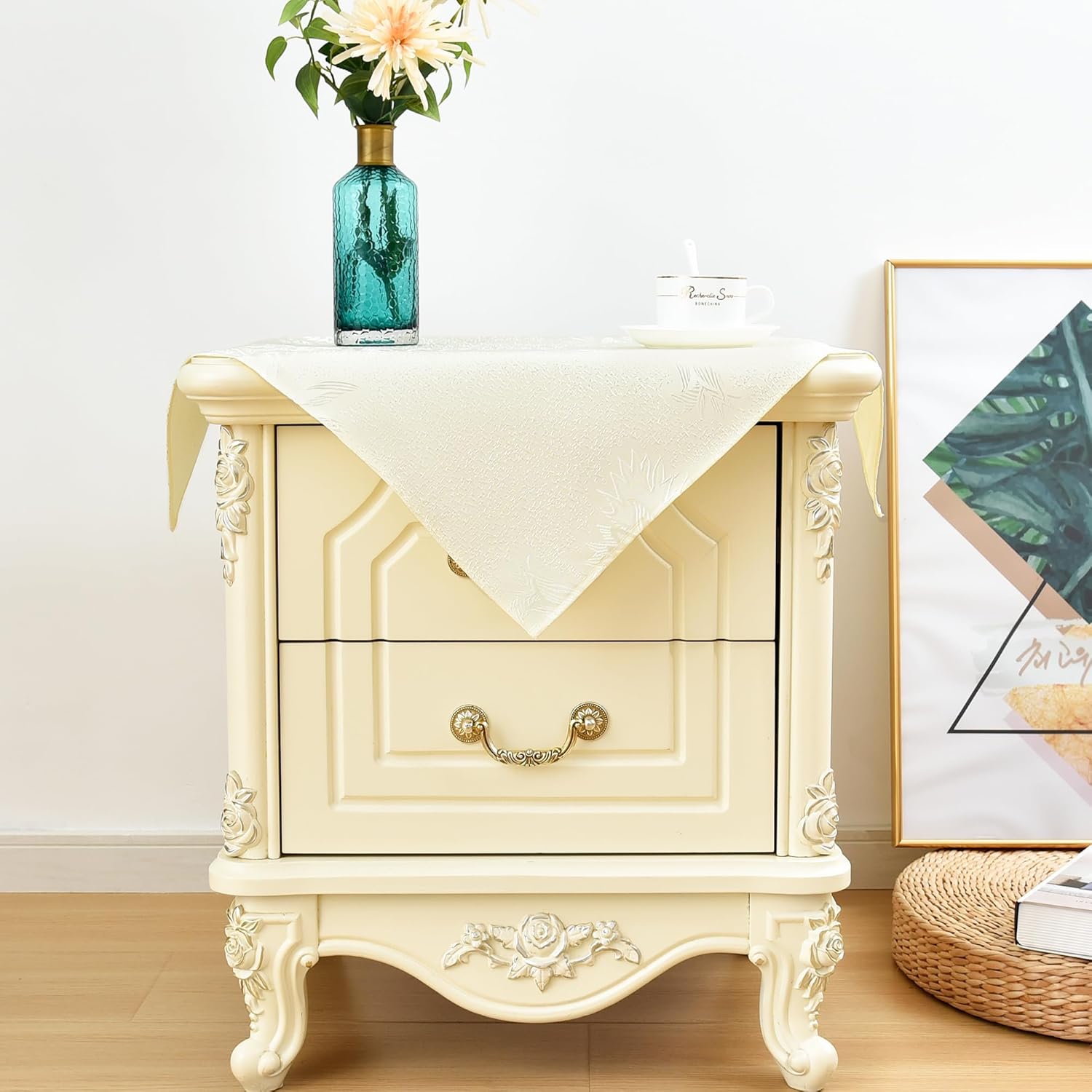 Paquete de 2 manteles cuadrados pequeños de jacquard, color amarillo claro brillante floral con hojas de campo, patrones de damasco, mesita de