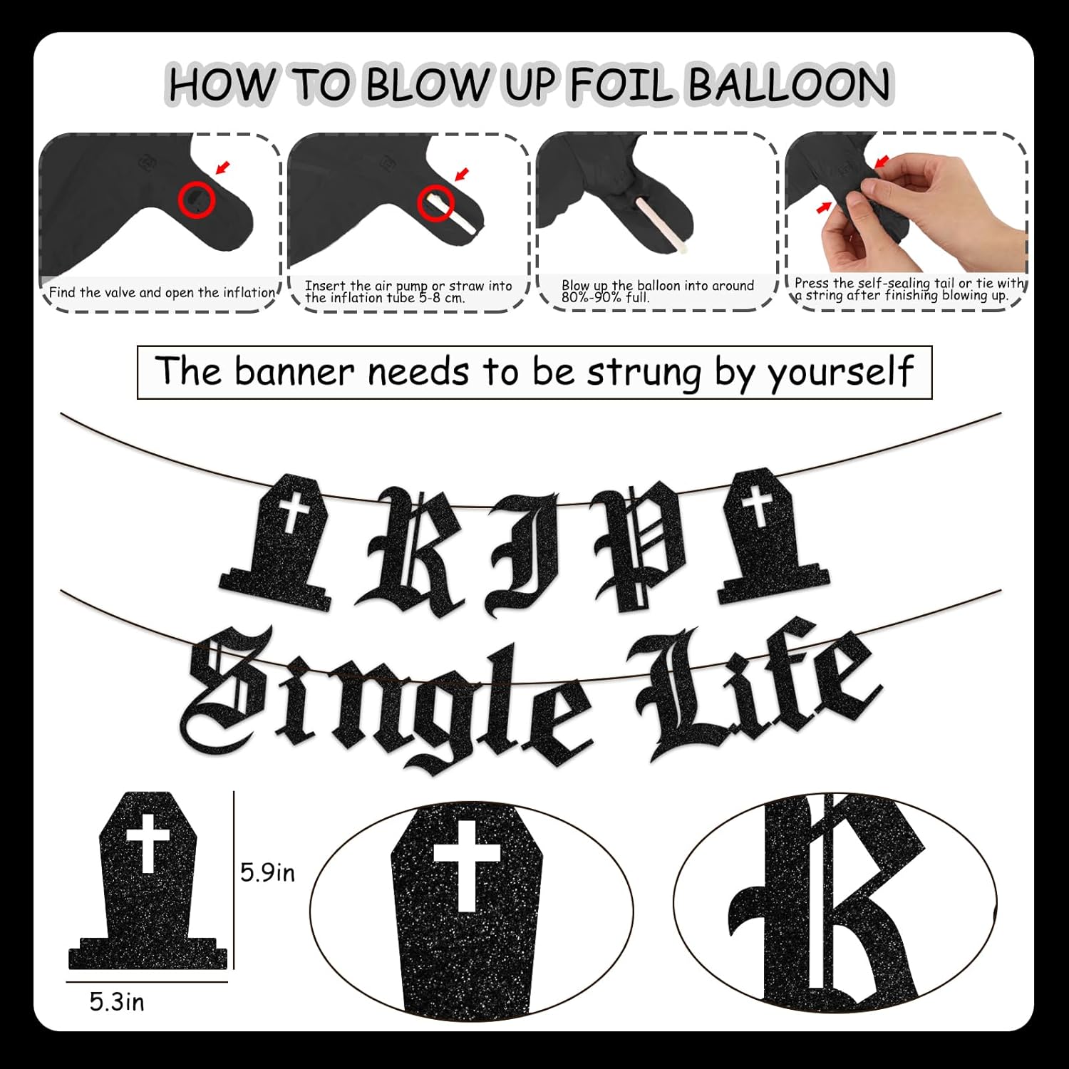 Rip Single Life – Decoración de despedida de soltera, decoración gótica de despedida de soltera, pancarta de globo blanco y negro con flecos,