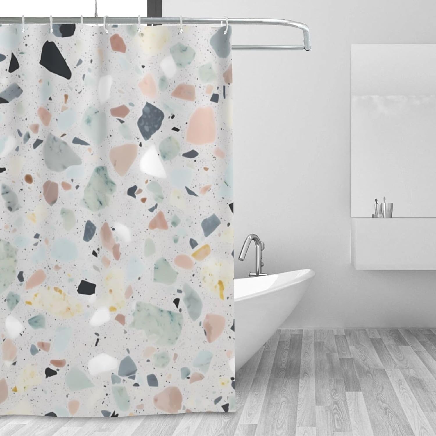 Cortina de ducha para baño con 12 ganchos, cortinas de ducha impermeables, cortina de baño de mármol de terrazo, cortina de baño pastel, decoración