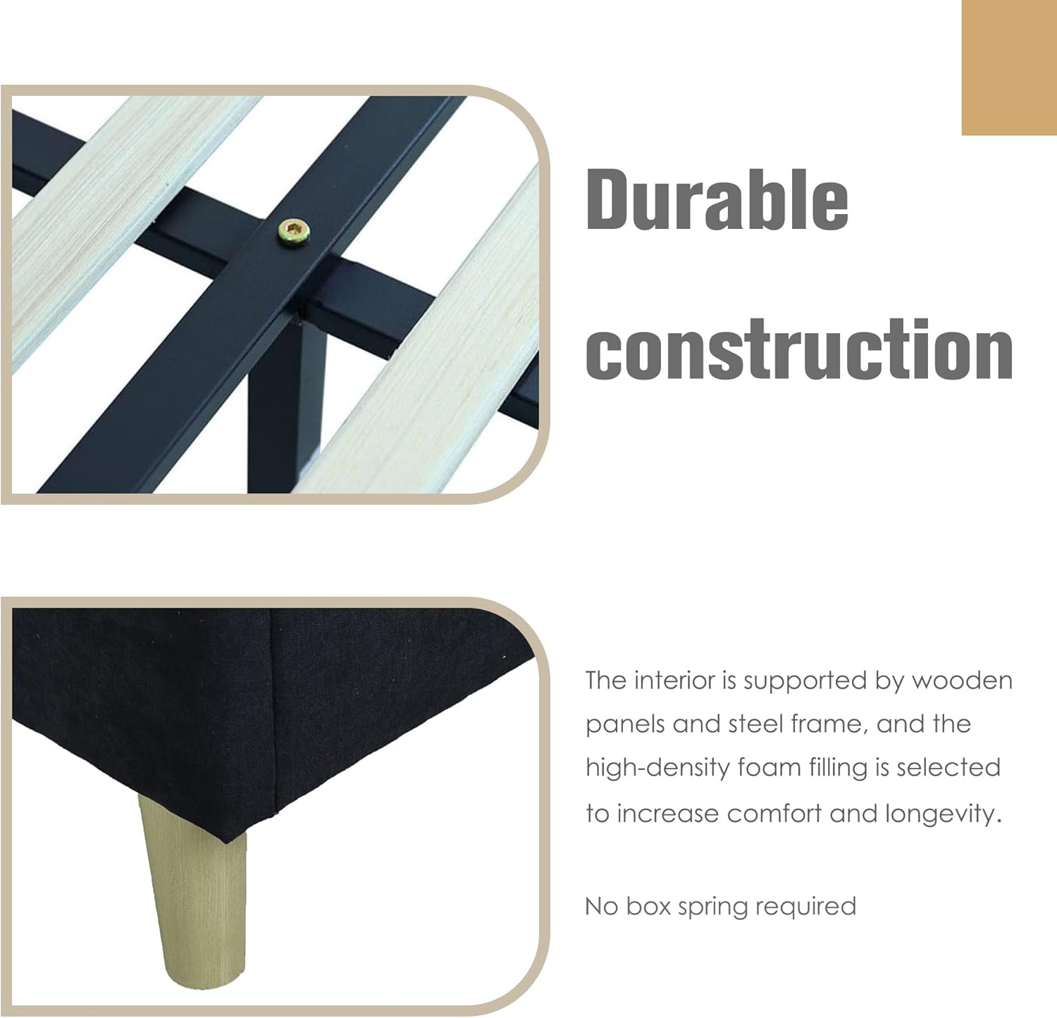 AGARTT Base de cama tapizada tamaño individual con cabecero y estribo, soporte de listones de madera, no necesita somier, fácil montaje, lino negro