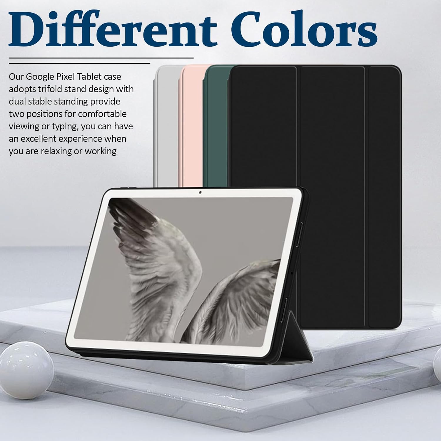 Miimall Funda compatible con Google Pixel Tablet con soporte, carcasa trasera de piel sintética ultra delgada, funda trasera de TPU, plegable, a