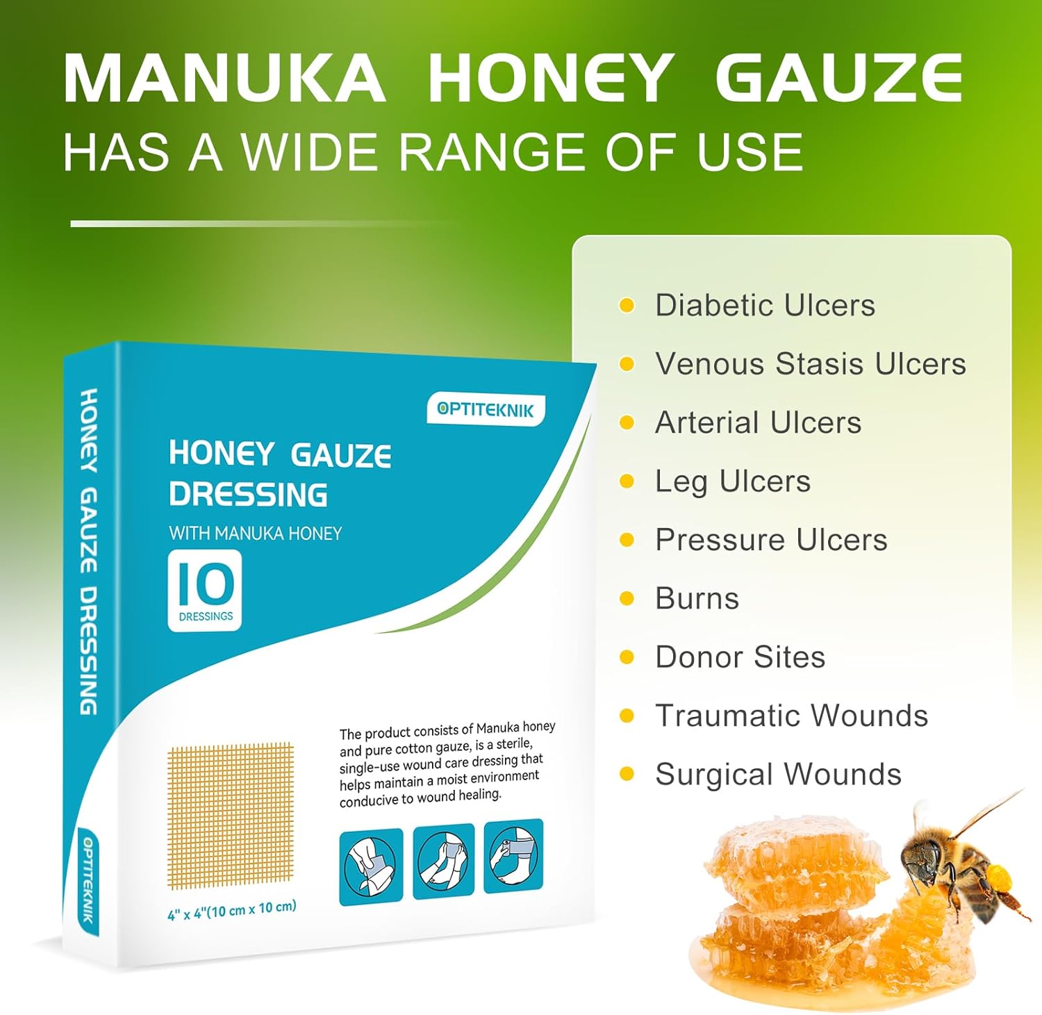 Aderezo de gasa de miel de Manuka de 4 x 4 pulgadas (paquete de 10), vendaje de miel de Manuka para el cuidado de heridas para cortes, escaldaduras