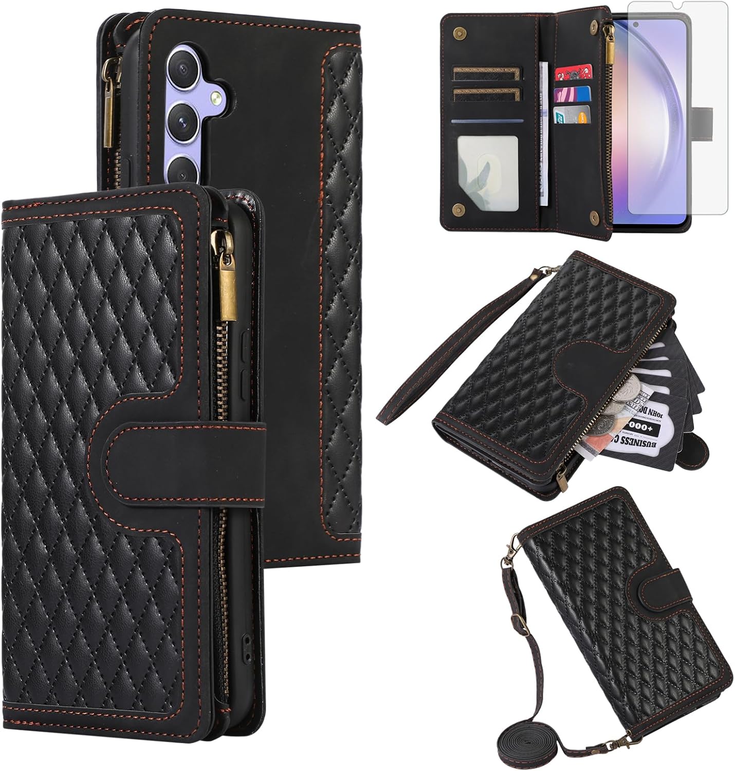 Asuwish Funda de teléfono para Samsung Galaxy A54 5G Funda tipo cartera con protector de pantalla de vidrio templado y correa cruzada para la muñeca