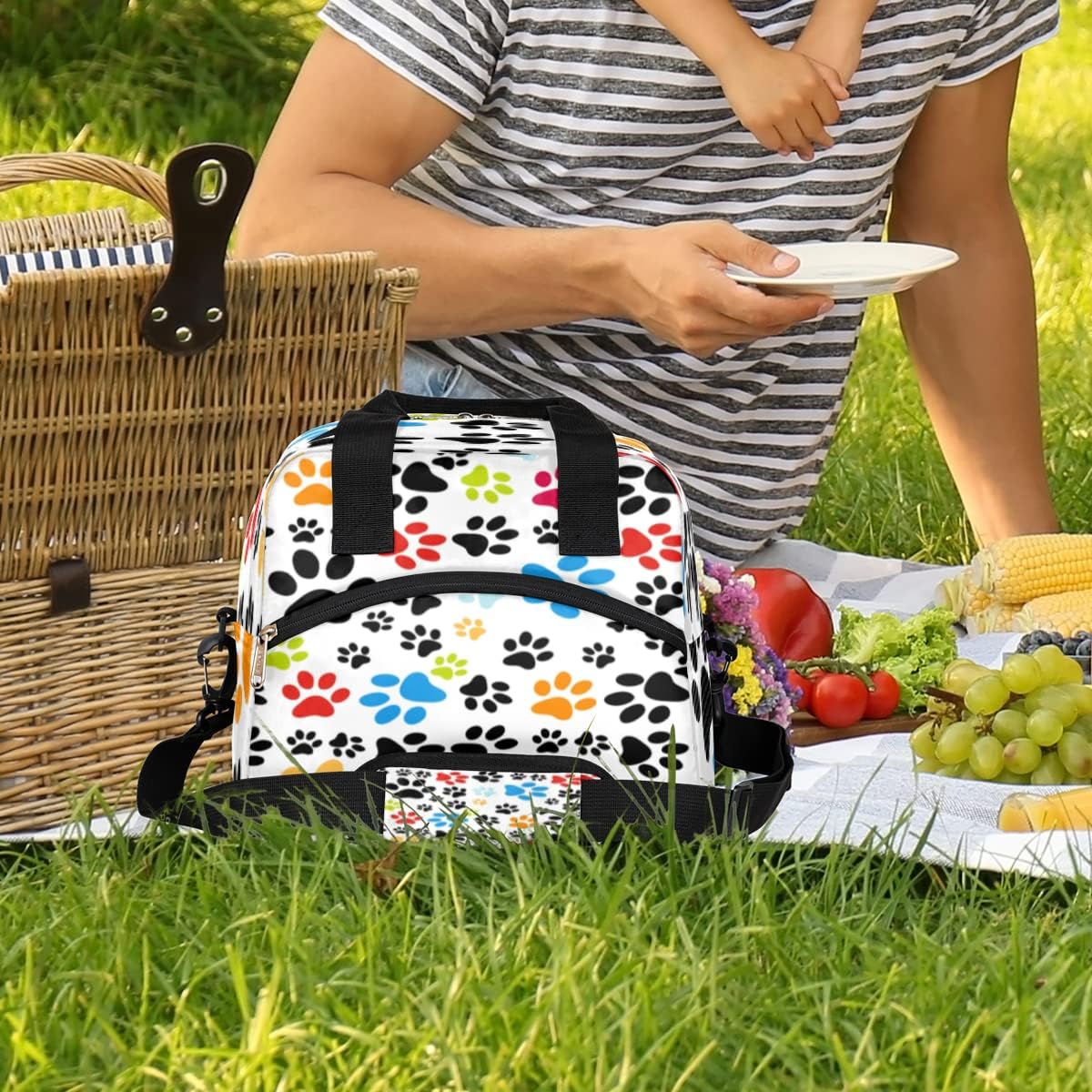Bolsa de almuerzo aislada con diseño de patas de gato y perro, a prueba de fugas, colorida bolsa térmica con correa ajustable para el hombro,