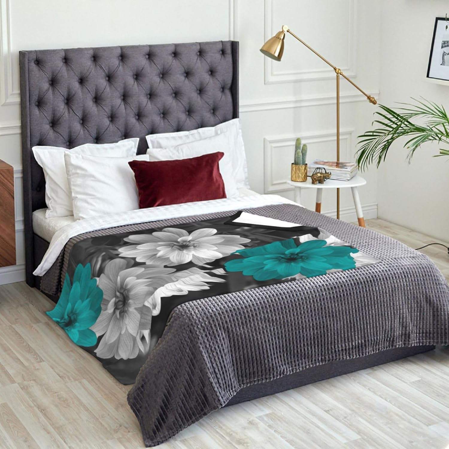 Manta floral gris verde azulado, manta de flores verde azulado para sofá cama, manta suave y mullida de franela verde azulado para cama, sofá,