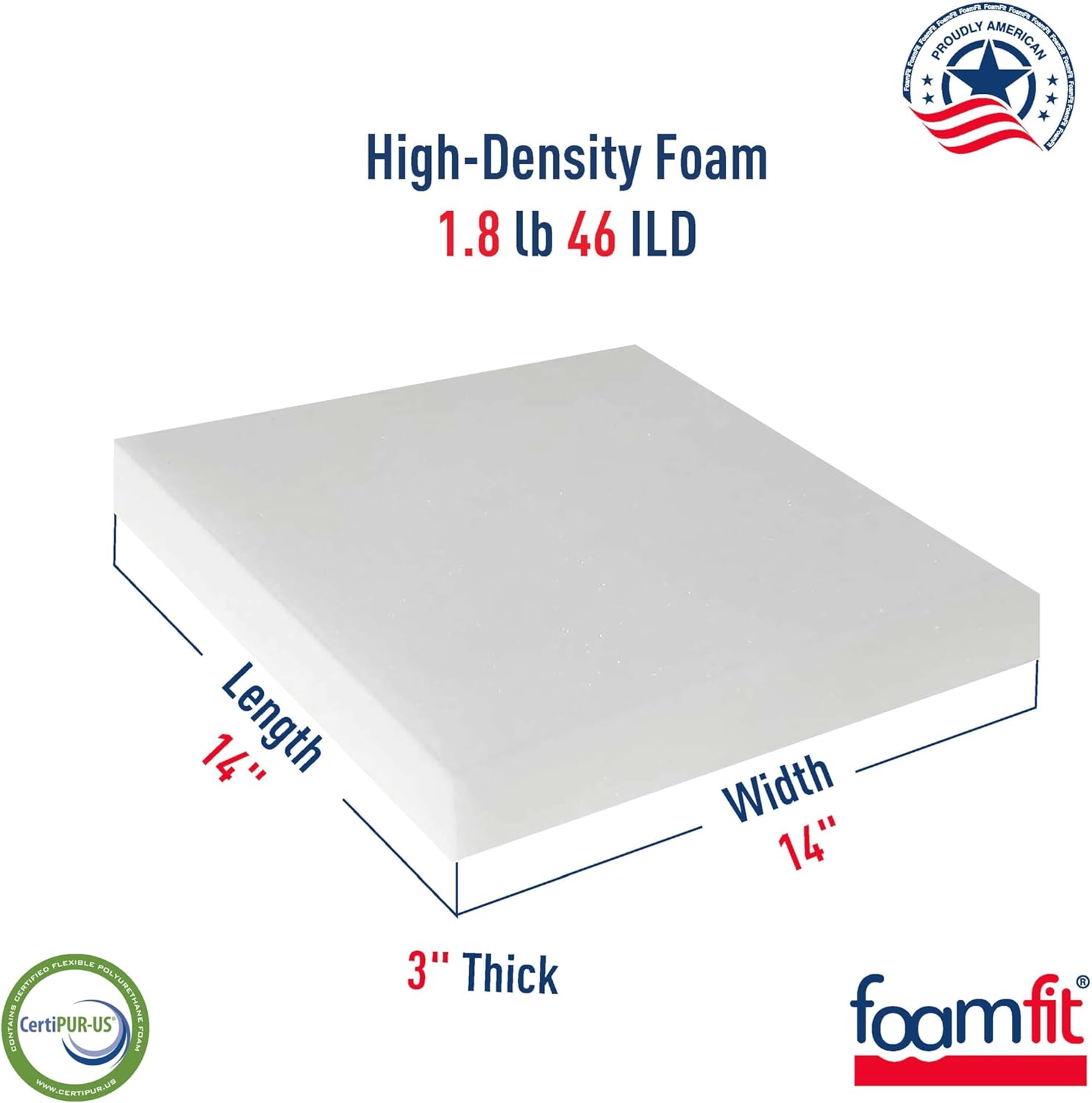 FoamFit Espuma de tapicería de 3 pulgadas de grosor, 14 pulgadas de ancho, 14 pulgadas de largo, alta densidad, 1.8 libras, 46 ILD firme reemplazo