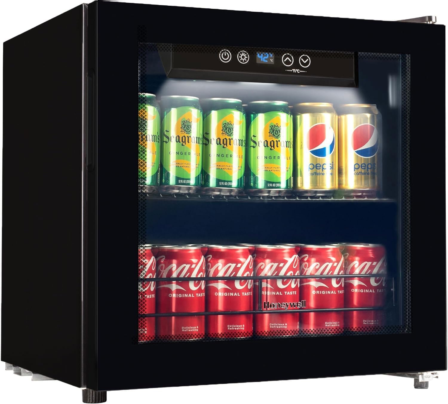 Honeywell Refrigerador y enfriador de bebidas, mini refrigerador de 48 latas con puerta de vidrio para cerveza de soda o vino para oficina o bar con