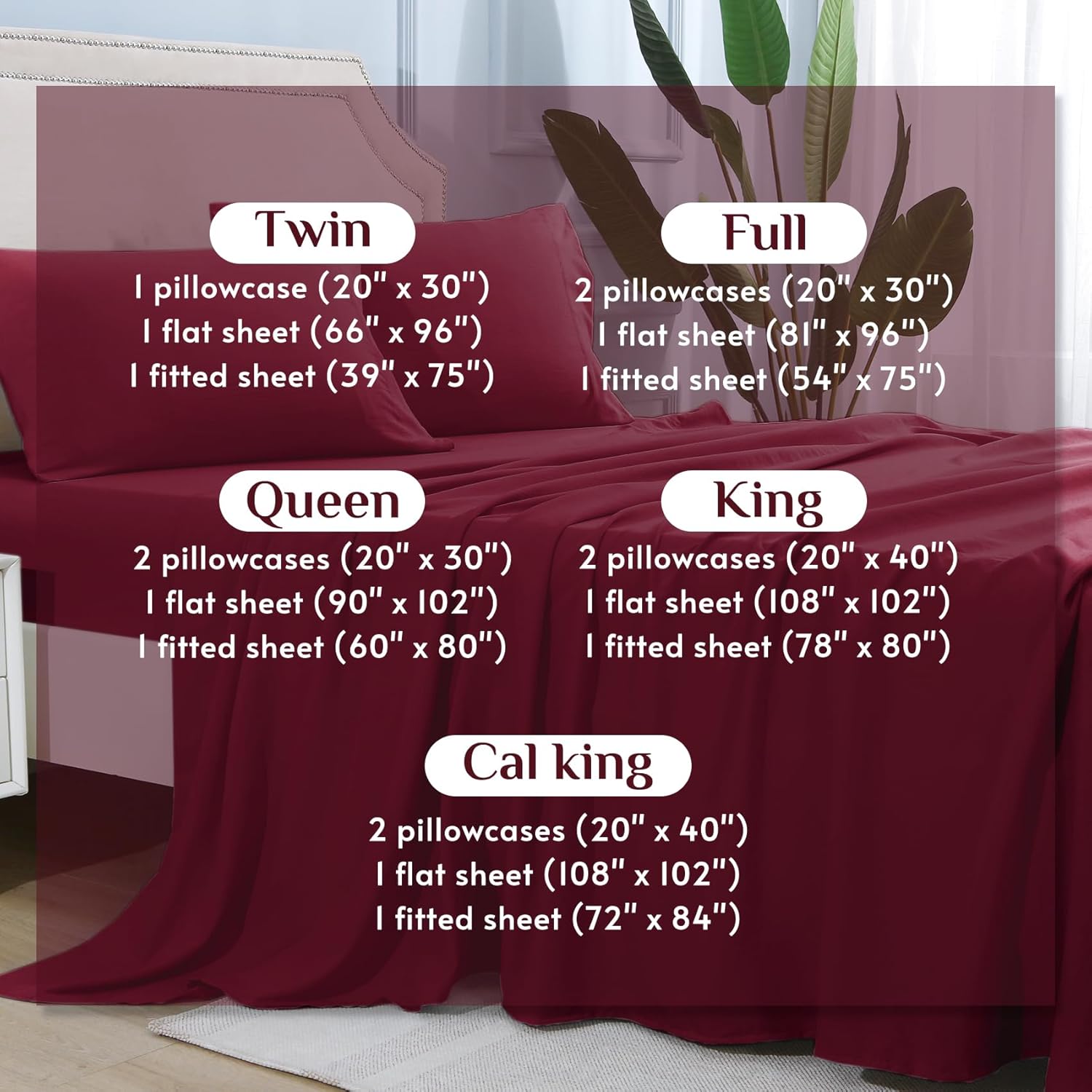 JOLLYVOGUE Juego de sábanas King de 4 piezas, color rojo oscuro para dormitorio con 14 bolsillos profundos, sábanas refrescantes con 1 sábana