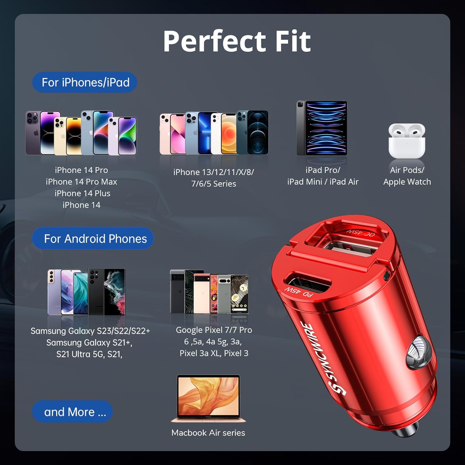 Cargador de coche USB C Syncwire de 90 W PD 45 W y QC 45 W Adaptador USB de carga rápida Super Mini y todo metal Compatible con iPhone 1514 Pro Max