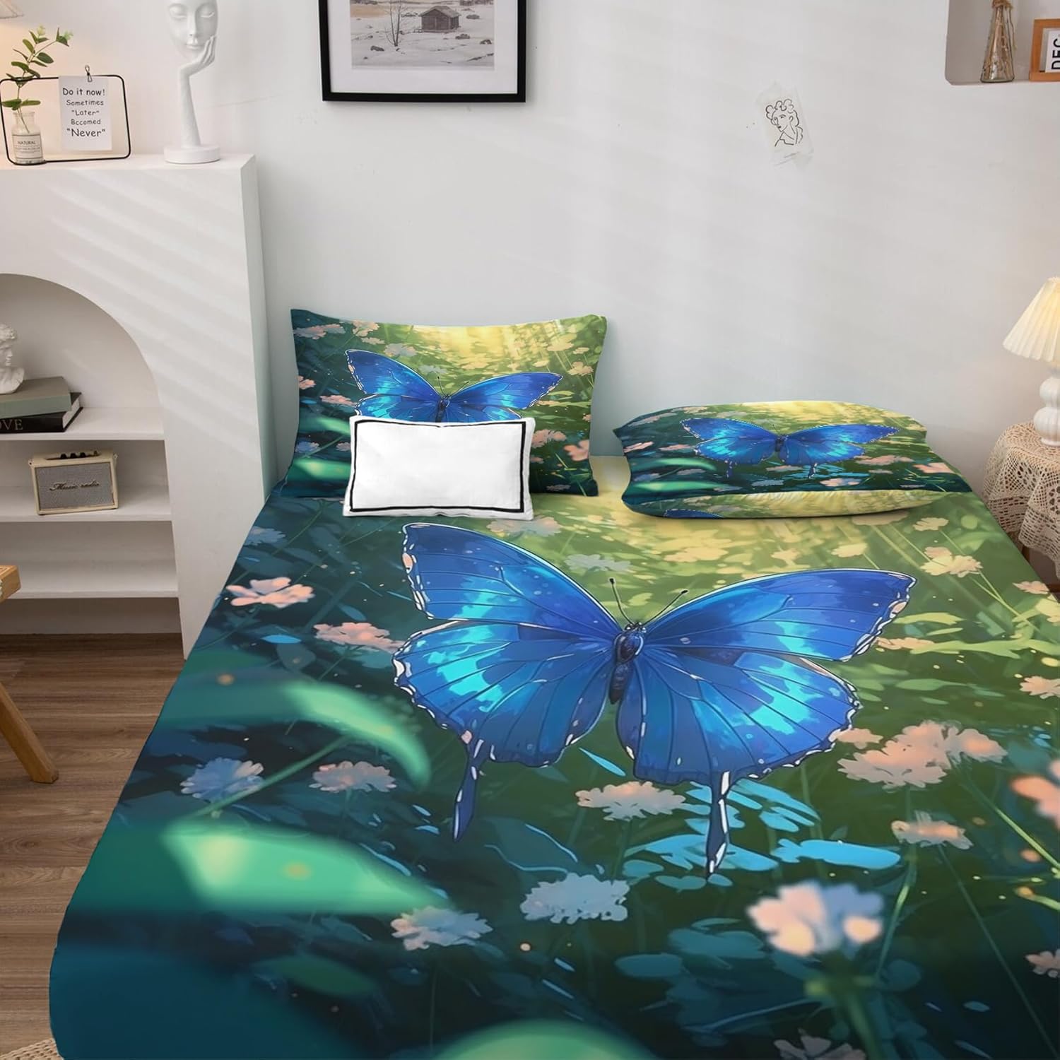 Z9-&-150 – Juego de sábanas de mariposas tamaño King, sábanas y fundas de almohada con patrón de flores y mariposas, sábana bajera ajustable de