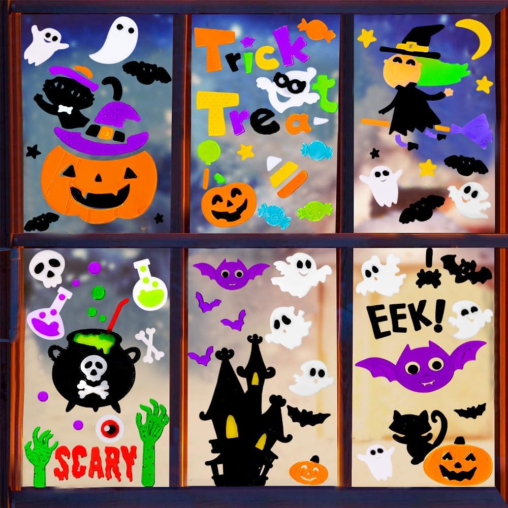 JOICEE Calcomanías gruesas de gel para Halloween para niños, lindas calabazas, brujas, murciélagos, gatos negros, calcomanías para decoración de