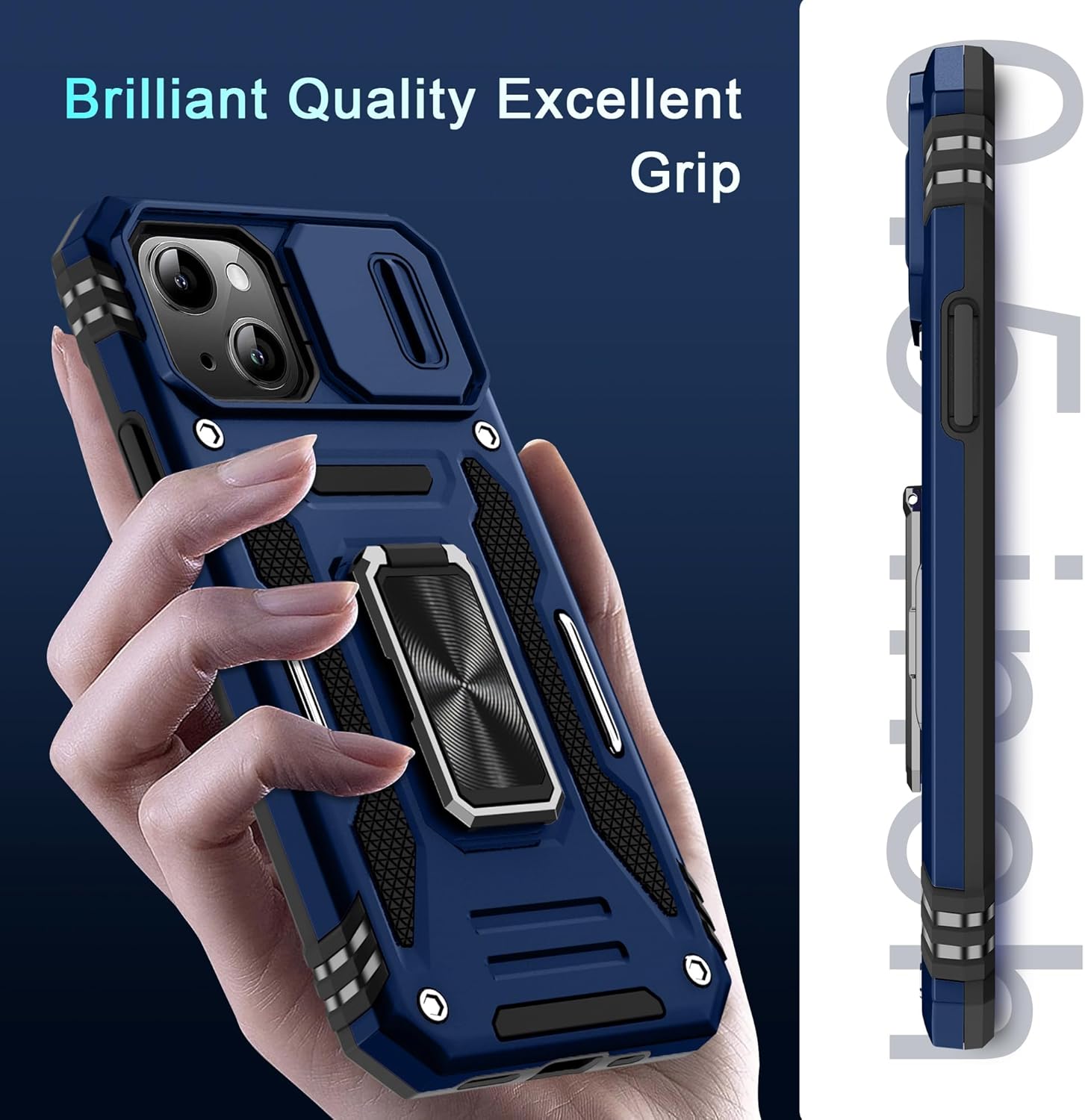 DEERLAMN Funda para iPhone 13, iPhone 14 con cubierta deslizante para cámara + protector de pantalla (2 unidades), soporte de anillo giratorio de