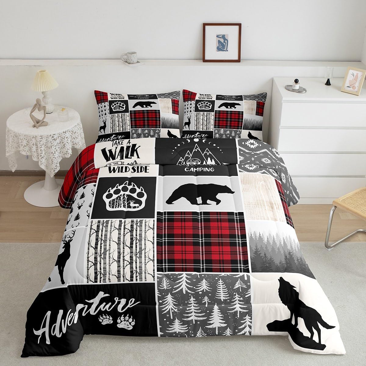 Juego de edredón de ciervos y cuernos de ciervo, juego de ropa de cama de Navidad con patas de oso y pinos para decoración de habitación de niños,