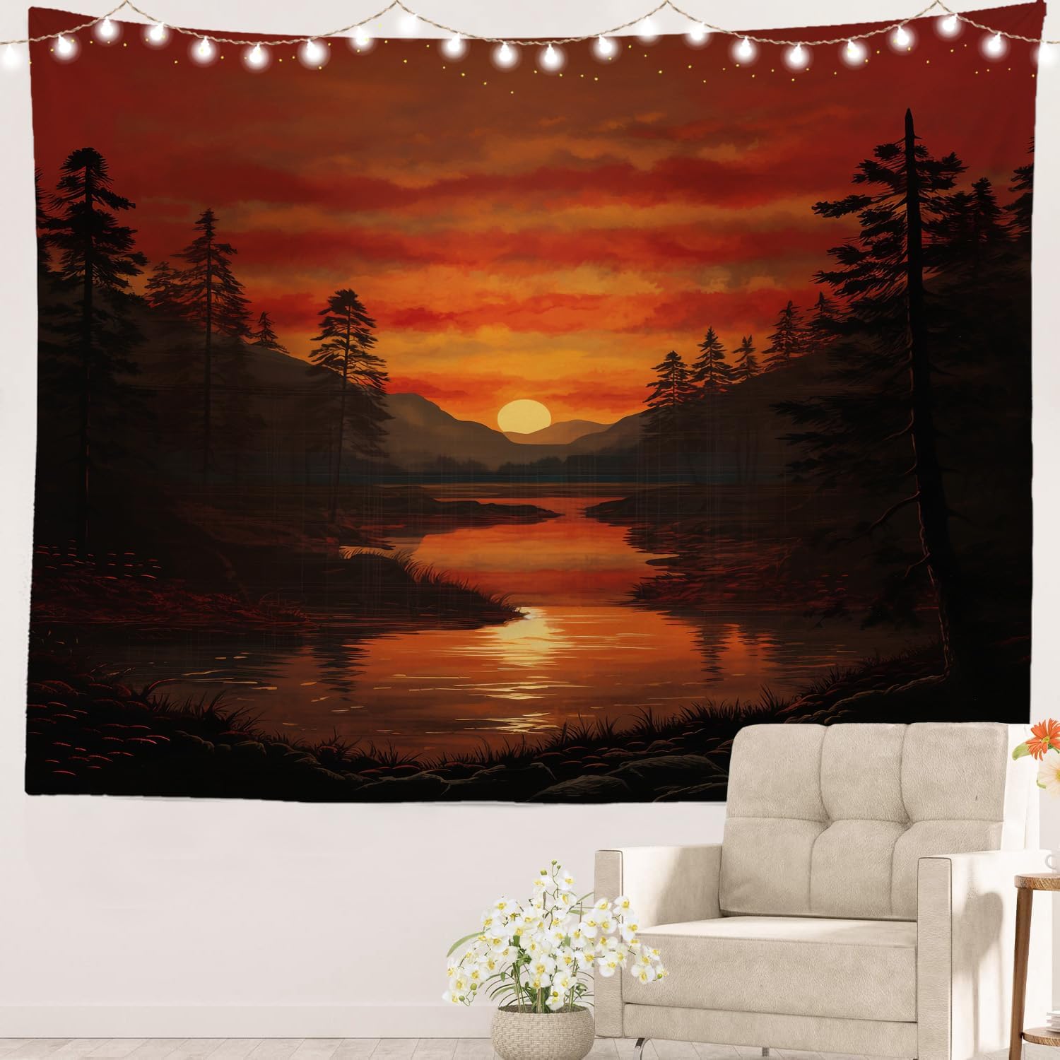 Batmerry Tapiz de los lagos del atardecer, montañas orientales y lagos al atardecer, decoración colgante de fibra de poliéster con volantes blancos