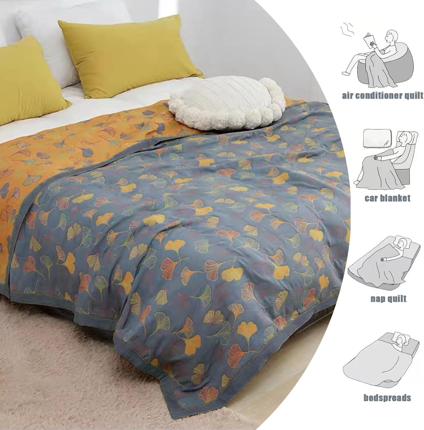 Colcha reversible de muselina de algodón, colcha de Ginkgo, ligera, tamaño Queen, transpirable, acolchado, para verano, para sofá (79 pulgadas de