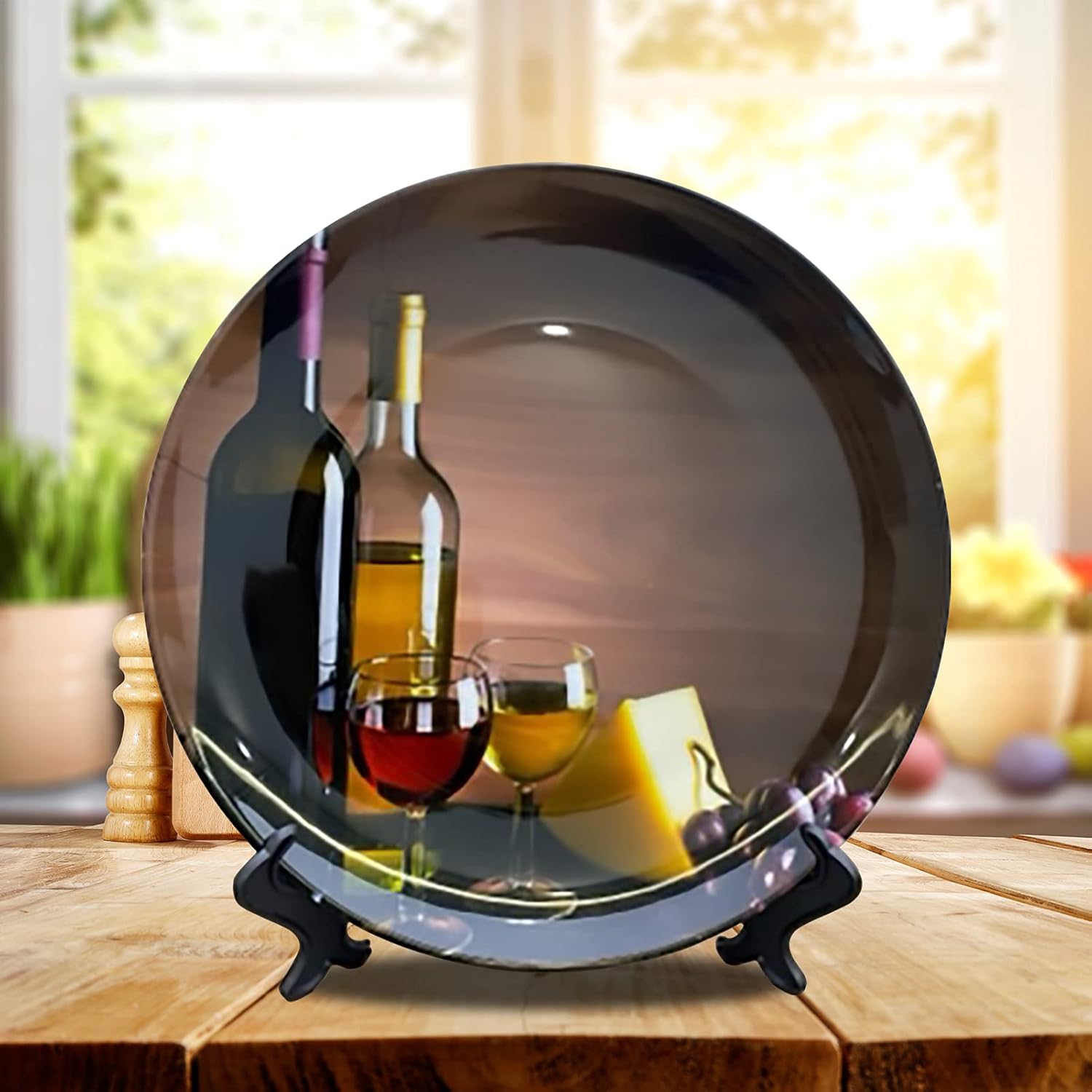 Platos decorativos de cerámica de 10 pulgadas, botella de vino, estampado de uva, plato decorativo con soporte de exhibición para cocina, comedor,