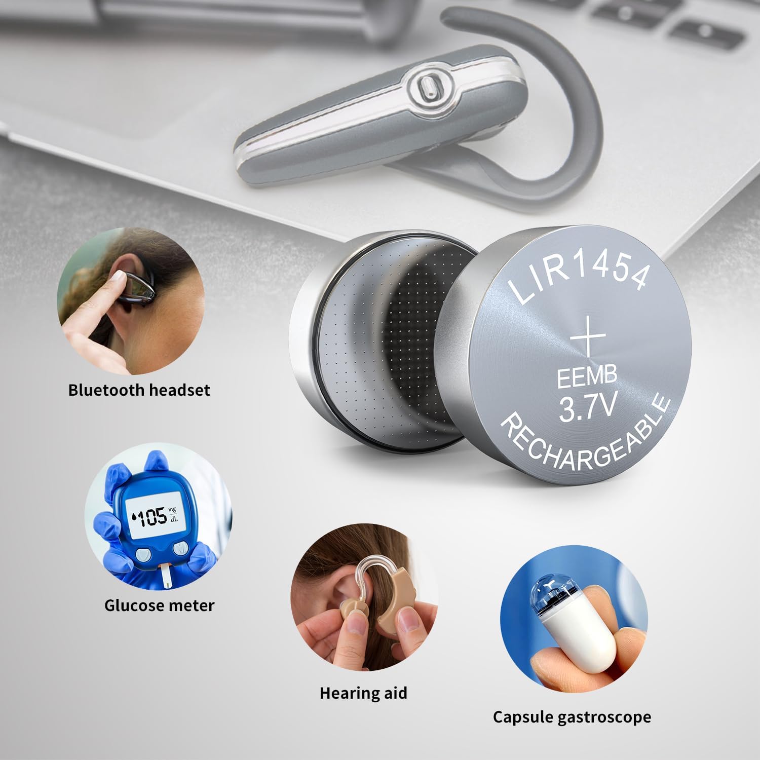 EEMB Paquete de 4 baterías recargables LIR1454 3.7V batería de botón de iones de litio batería de celda de moneda para auricular dispositivo